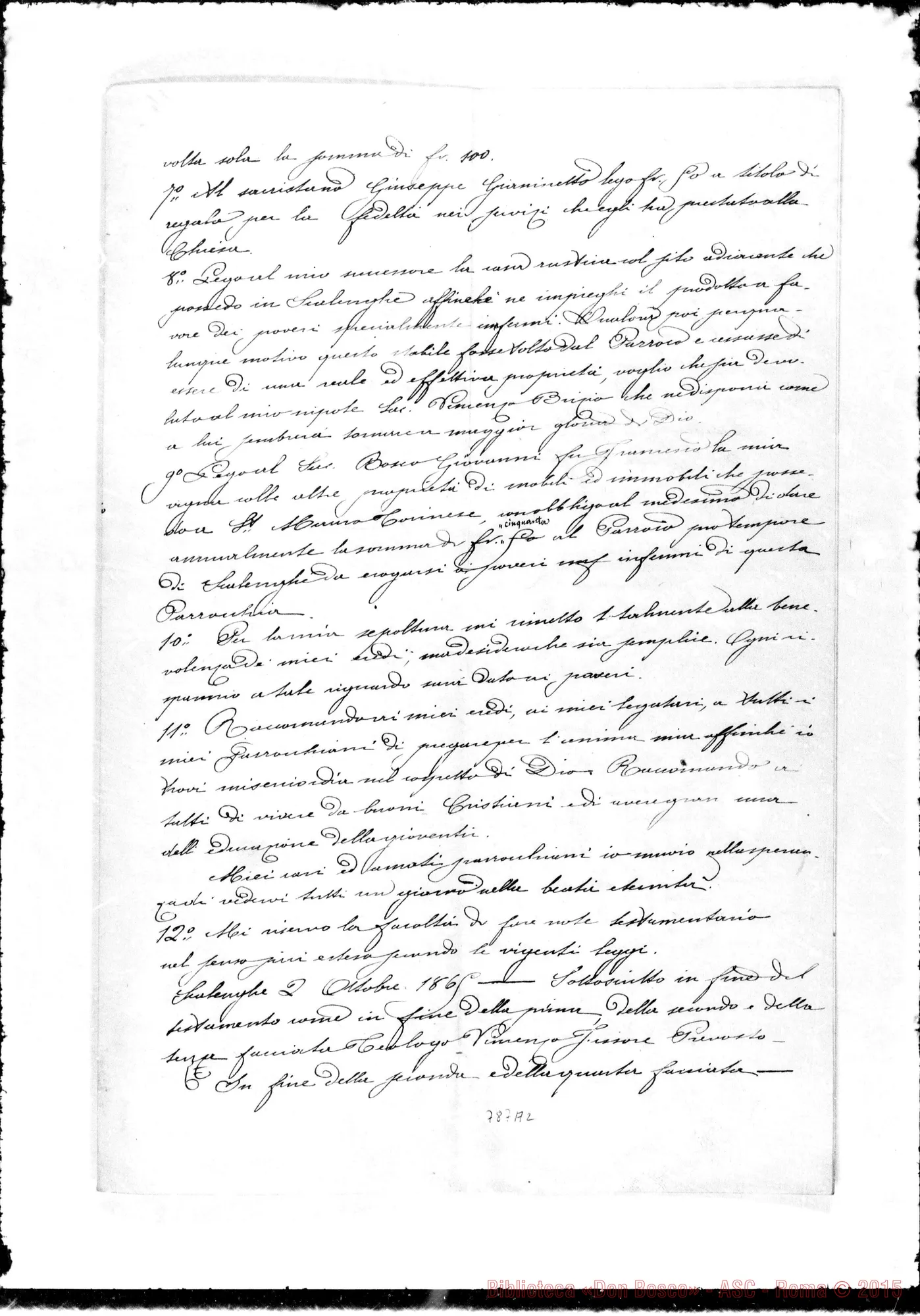 Fotogramma A 2 — Tenore della scheda Testamentaria del Teologo Vincenzo Fissore