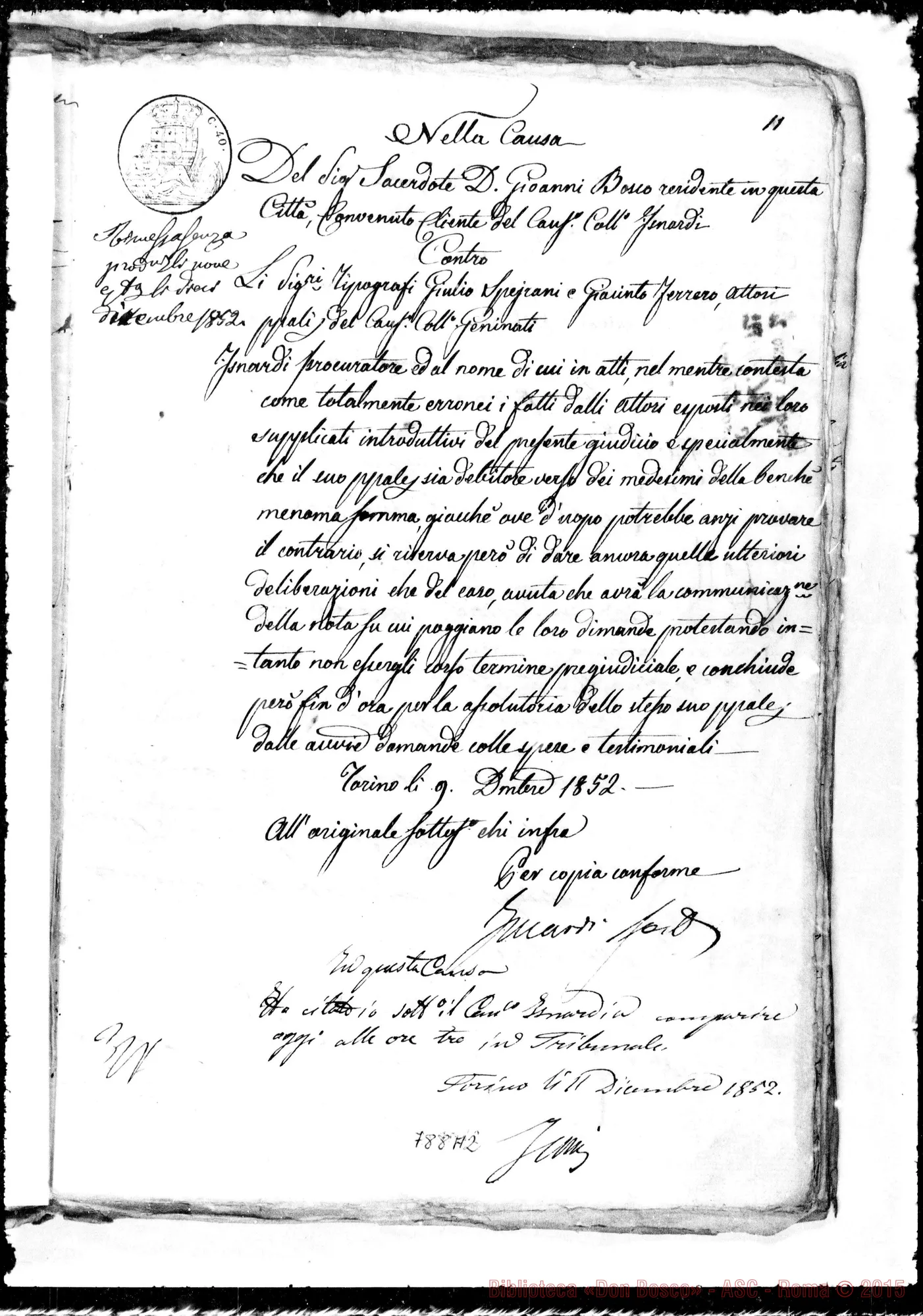 Fotogramma A 2 — Nella Causa del sacerdote D. Bosco contro tipografia…