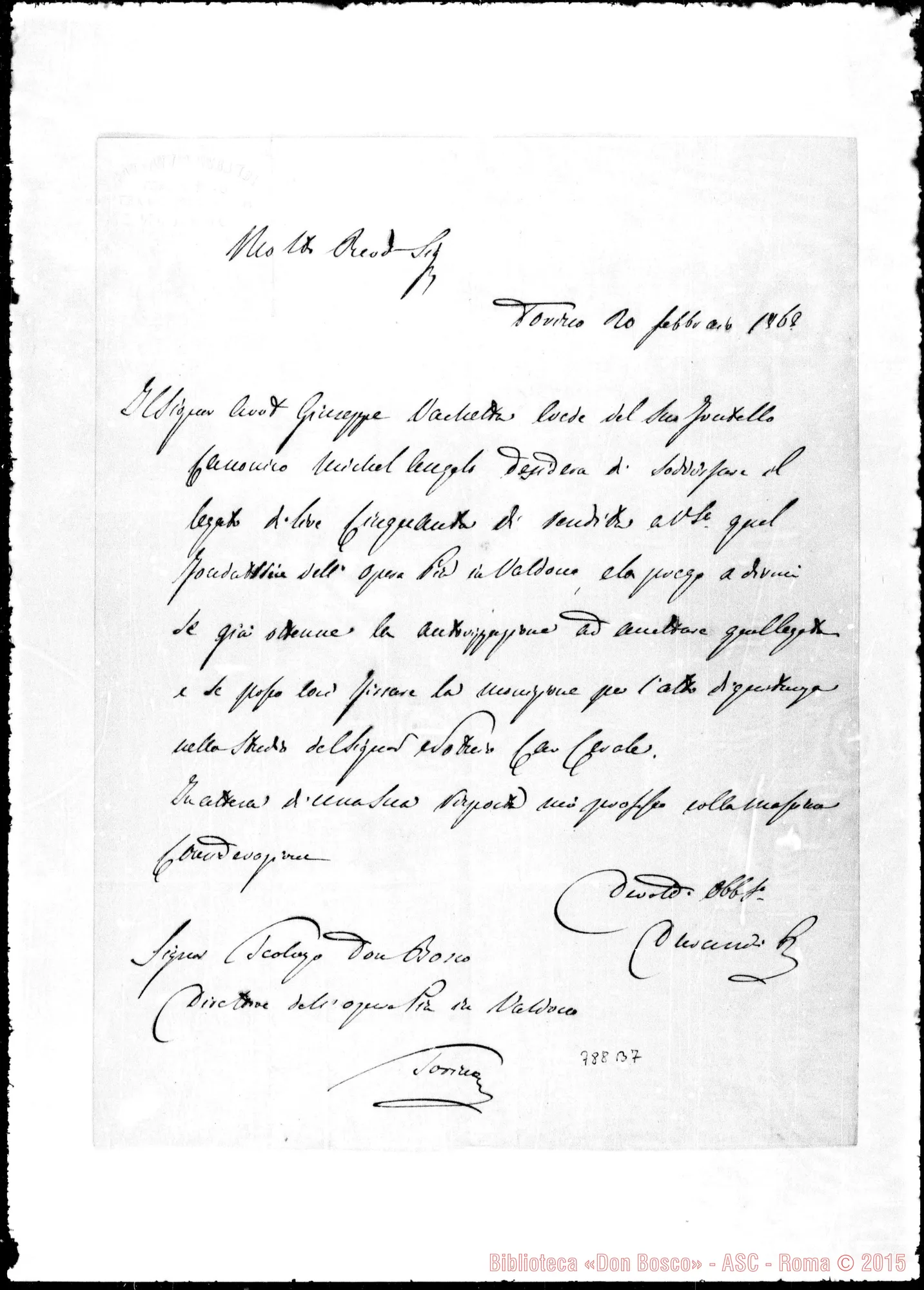 Fotogramma B 7 — Lettera: Avv. Durandi-Bosco. Autogr. Bosco