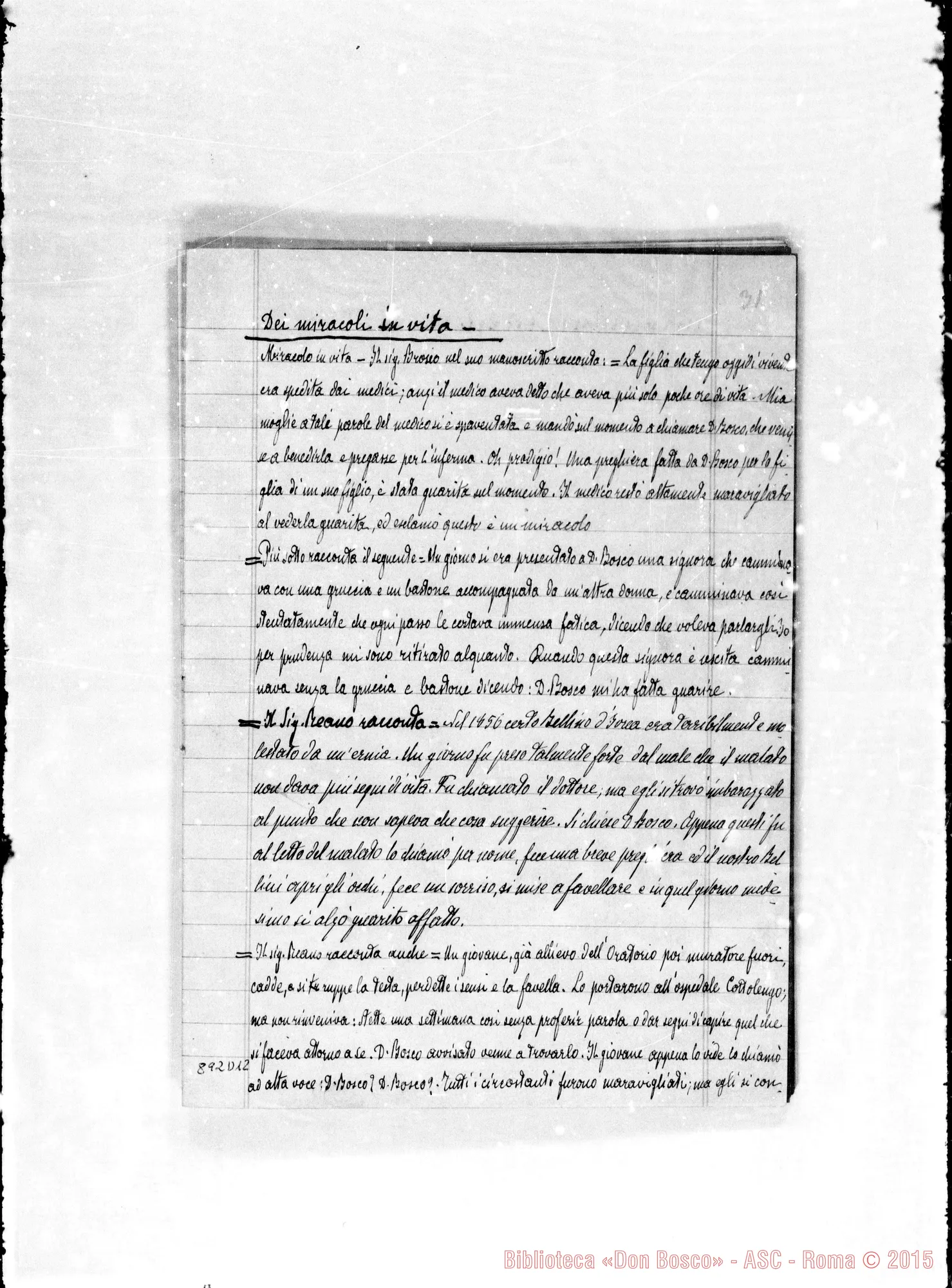 Fotogramma D 12 — Note ms. per deposizione prò Don Bosco. Beatif. E Can.