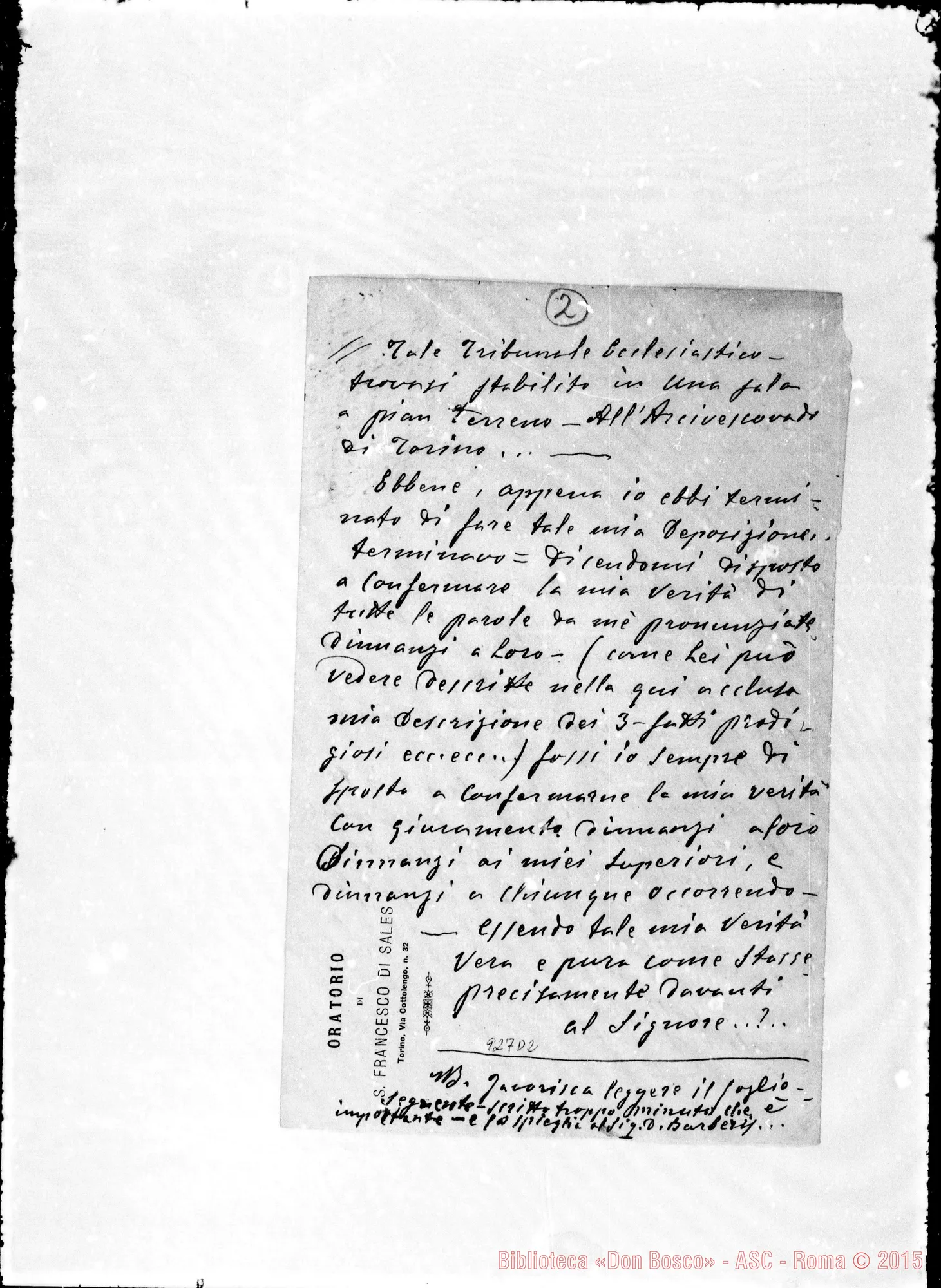 Fotogramma D 2 — Branda Michele, coad.: Testimonianze sulla vita di D. Bosco. Tre fatti prodigiosi