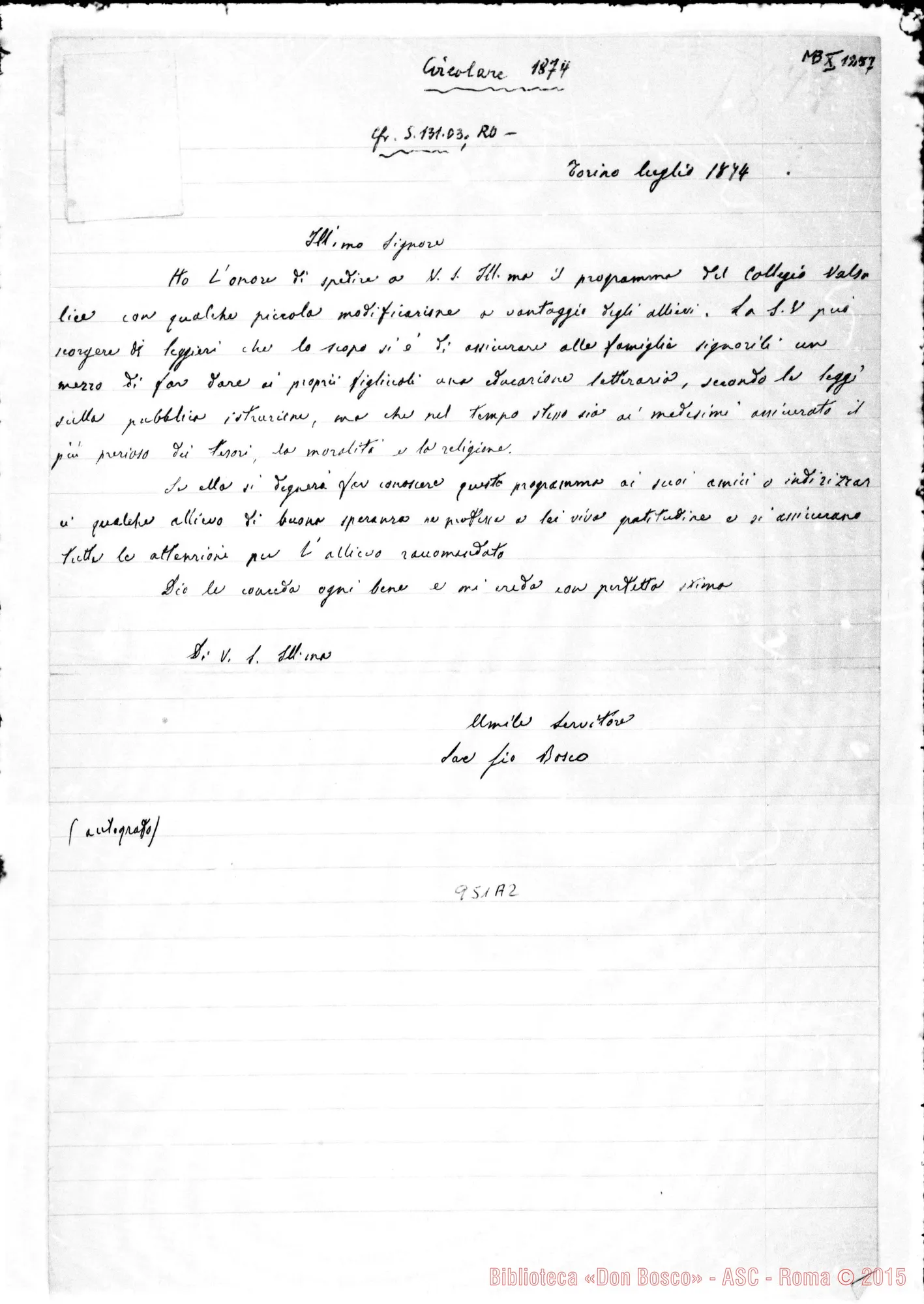Fotogramma A 2 — Lettera circolare di D. Bosco sul Collegio di Valsalice
