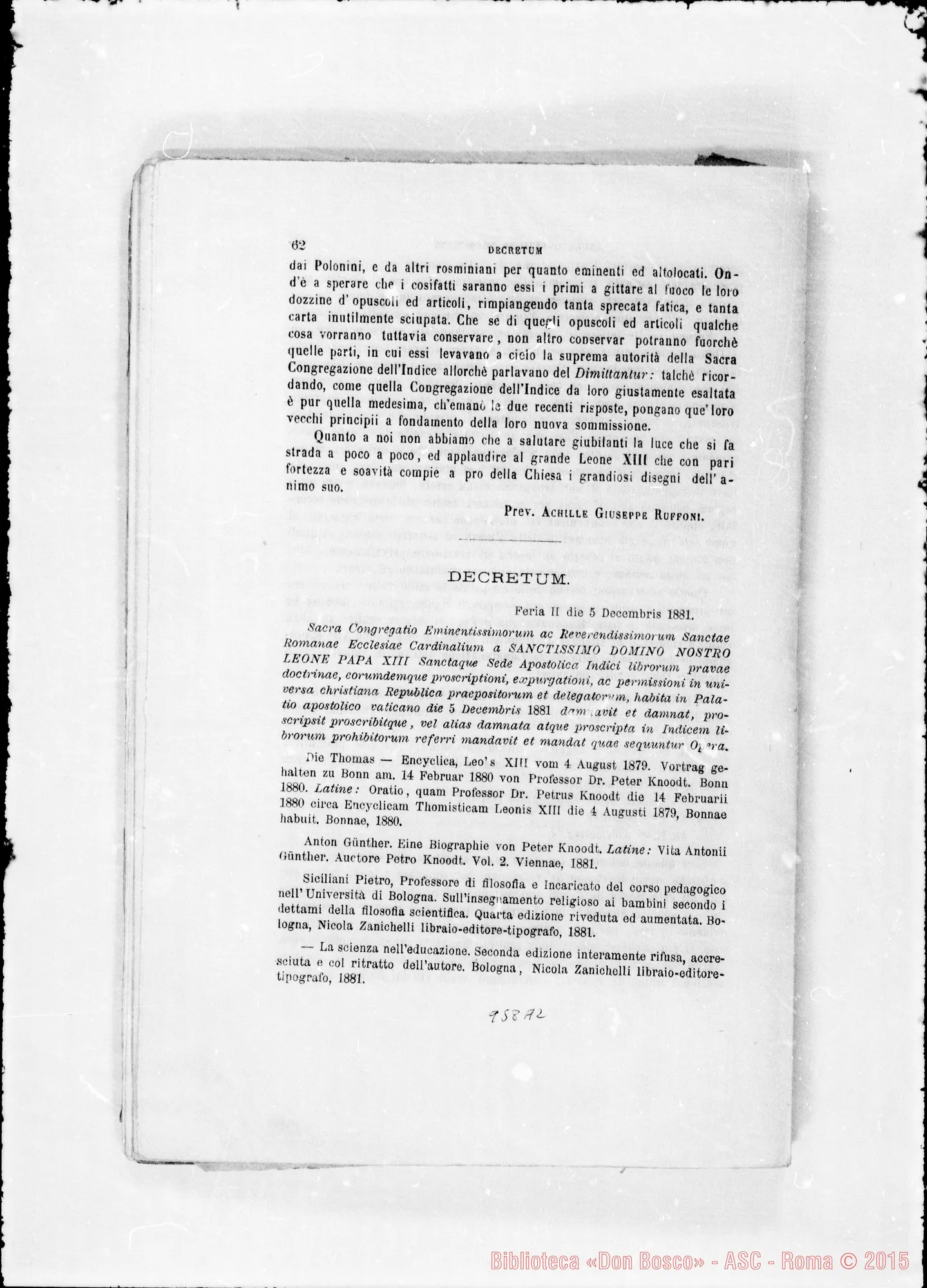 Fotogramma A 2 — I Passi di Leone XIII nella questione Rosminiana