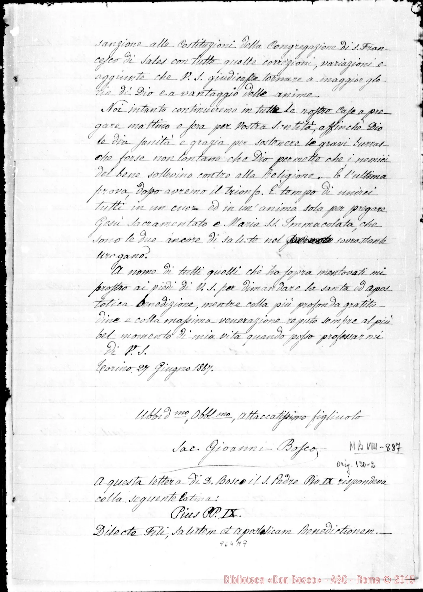 Fotogramma A 7 — Scritture di D. Bosco trascritte da D. Berto A D. Lemoyne per norma