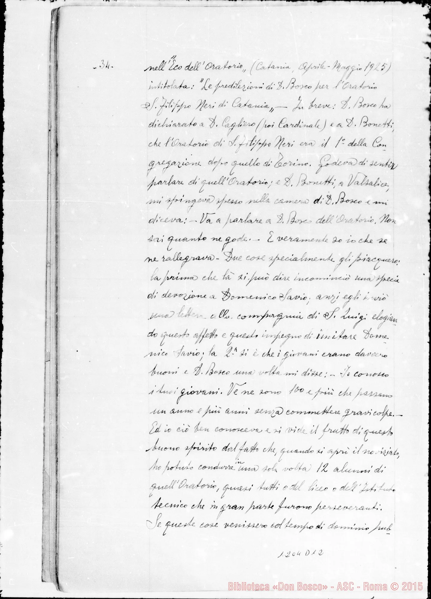 Fotogramma D 12 — Piccolo Francesco, sac. SDB: Ricordi riguardanti il Ven. Don Bosco