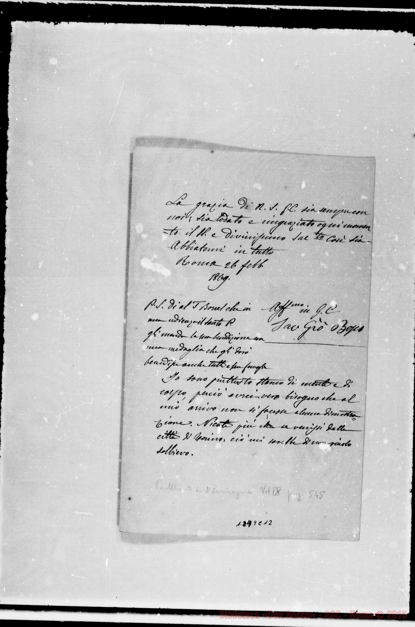 Fotogramma C 12 — ROMA: 1869: Lettera di D. Bosco-Rua. Firma autogr. Bosco