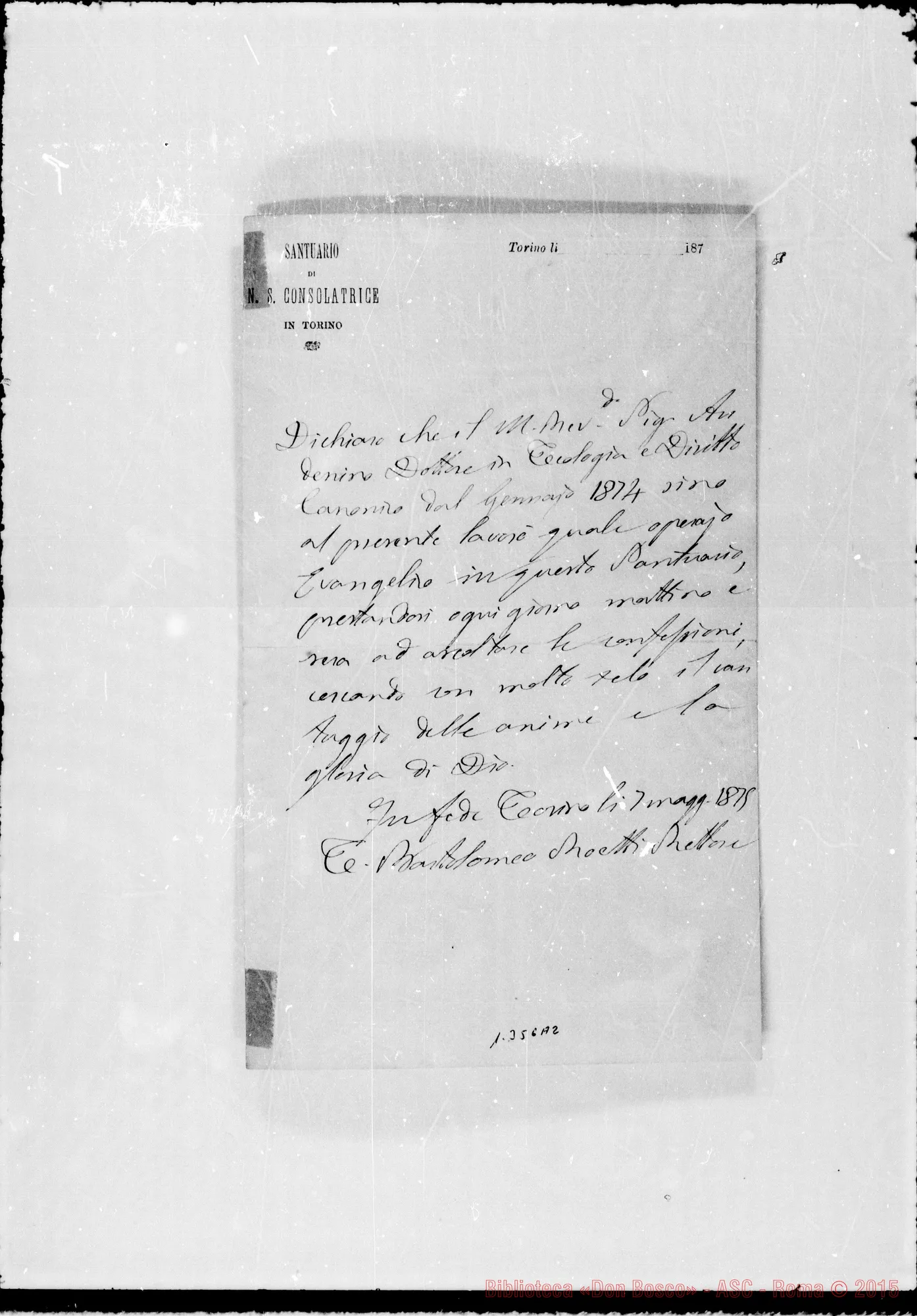 Fotogramma A 2 — Andenino: Attestato di D. Bosco. Ms. autogr. Bosco
