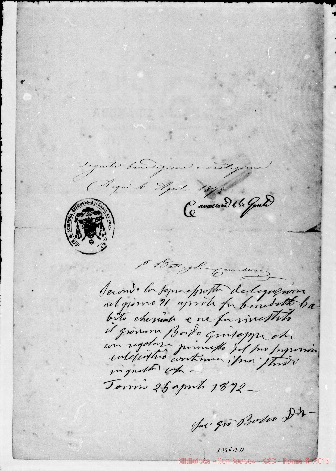 Fotogramma B 11 — Boido: Attestato di vestizione clericale. Ms. autogr. Bosco