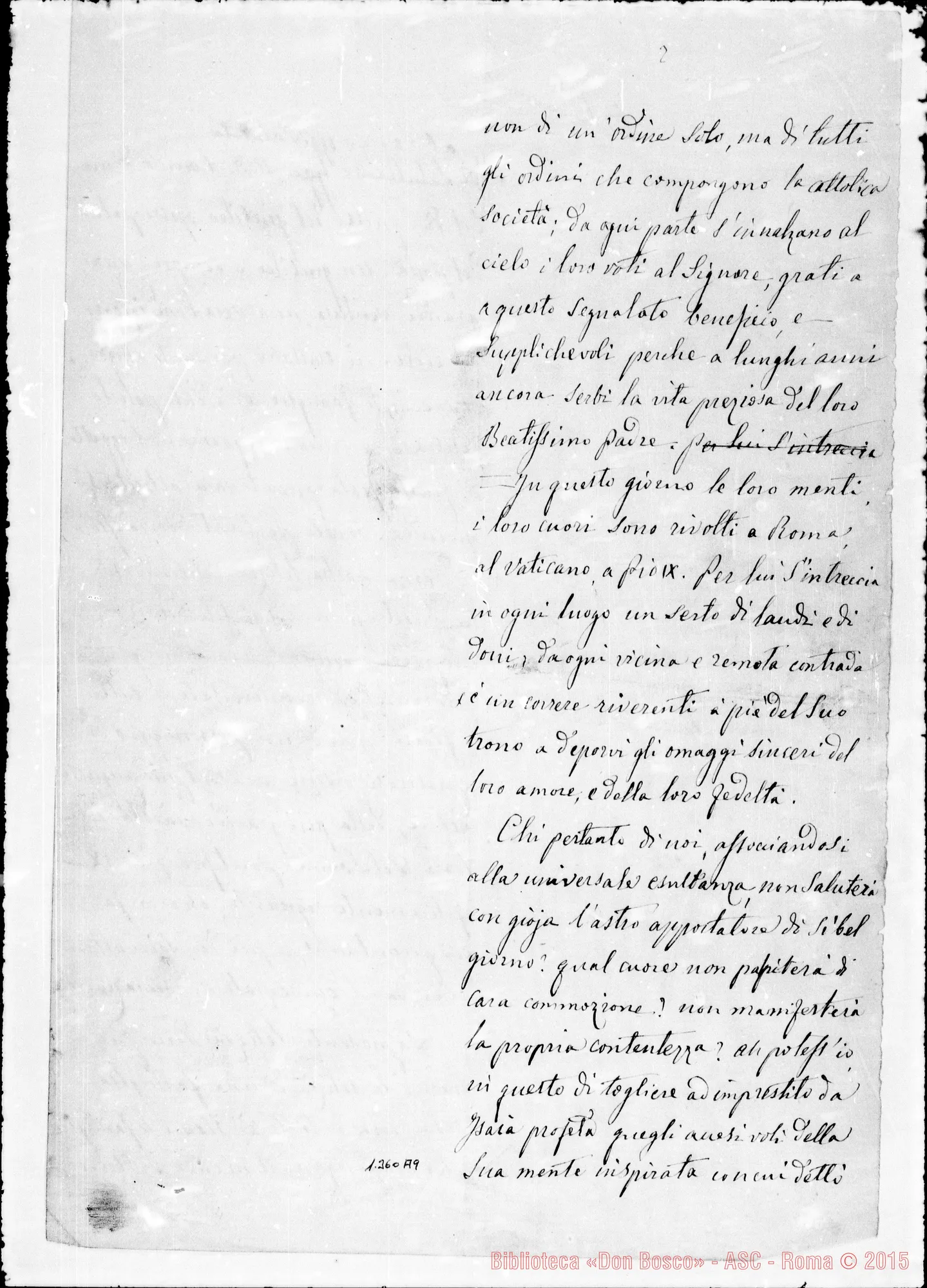 Fotogramma A 9 — Pio IX: Al Santo Padre la Congregaz. Salesiana. Ms. con correz. Bosco