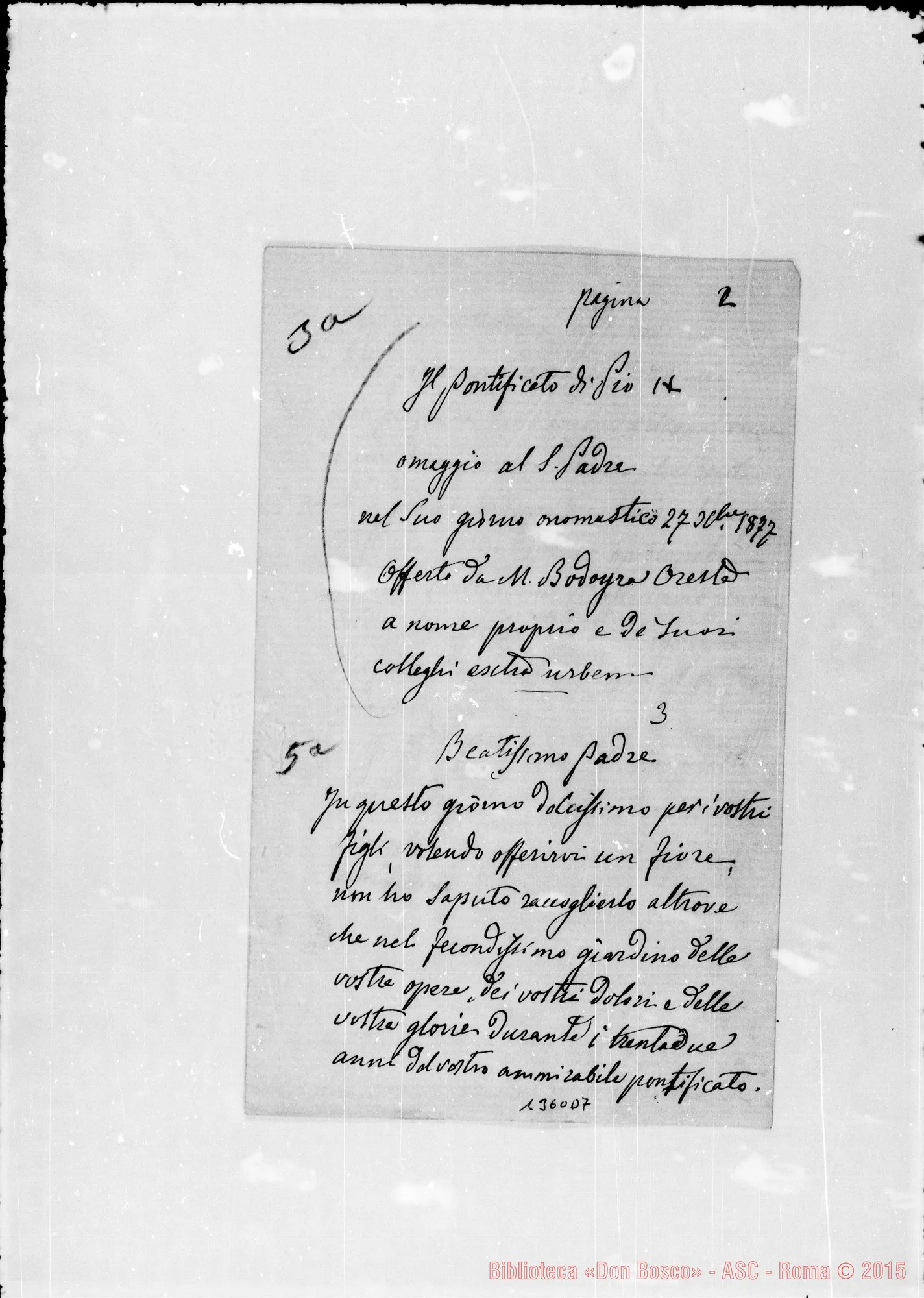 Fotogramma D 7 — Pio IX: Al Santo Padre la Congregaz. Salesiana. Ms. con correz. Bosco