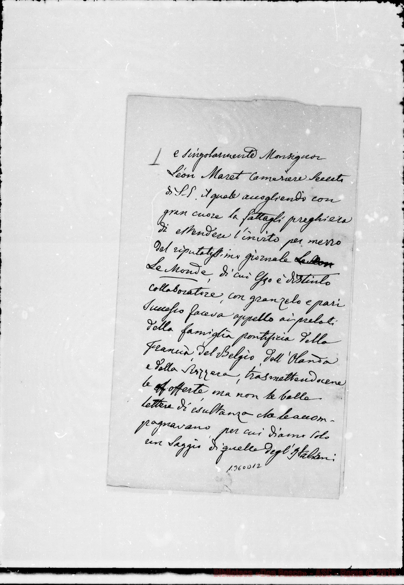 Fotogramma D 12 — Pio IX: Al Santo Padre la Congregaz. Salesiana. Ms. con correz. Bosco