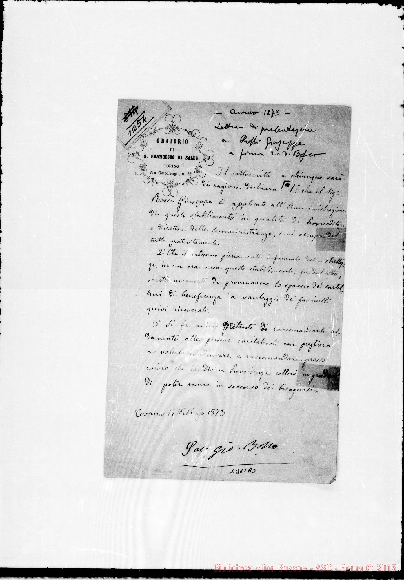 Fotogramma A 3 — Rossi Giuseppe: Attestati: «A chiunque sia noto…» Firma autogr. Bosco