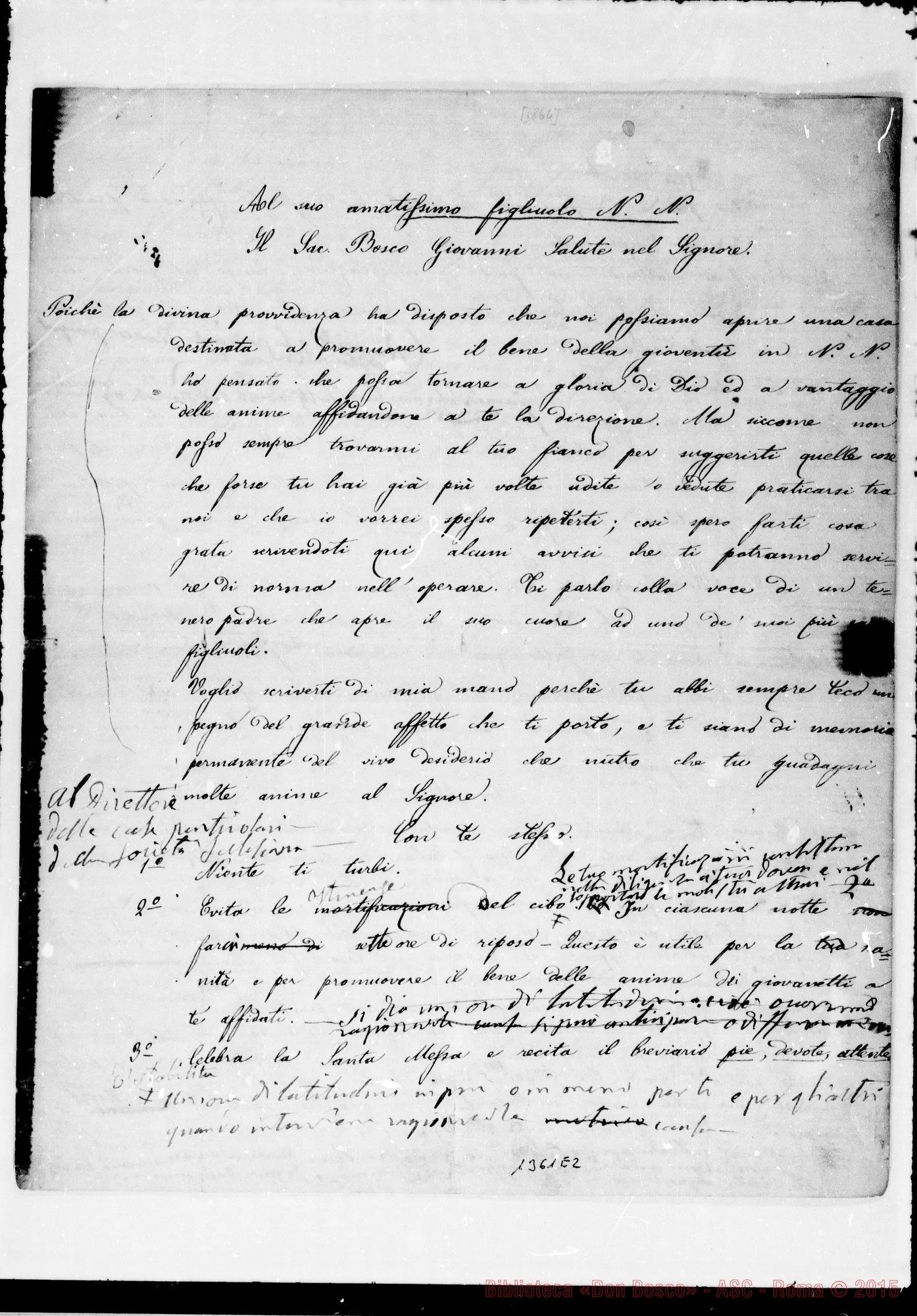 Fotogramma E 2 — «Al suo amatissimo… Poiché la Divina Provvidenza…» Ms. con correz. e aggiunte Bosco