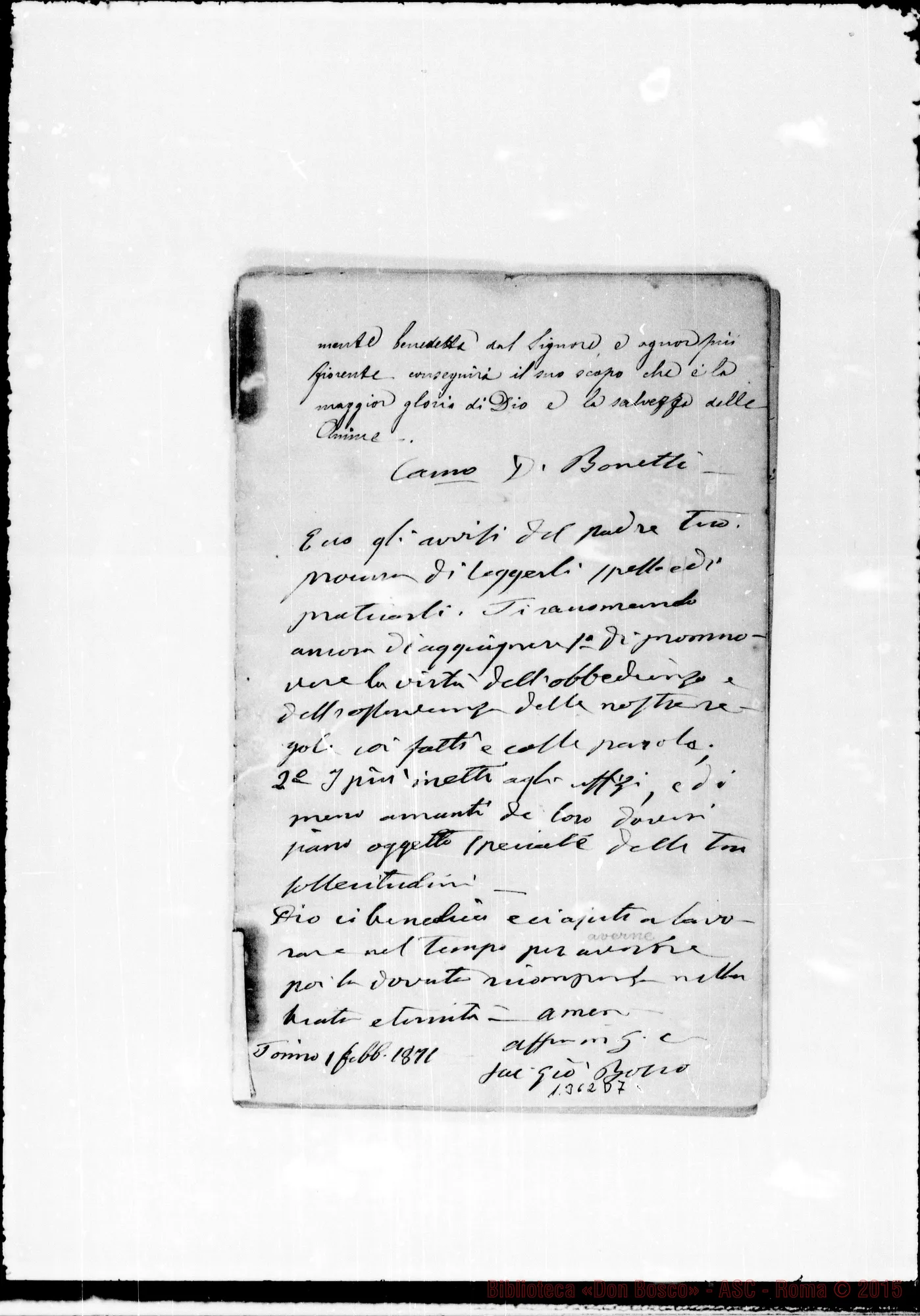 Fotogramma D 7 — Altra copia con dedica autografa A D. Bonetti. 1-2-1871