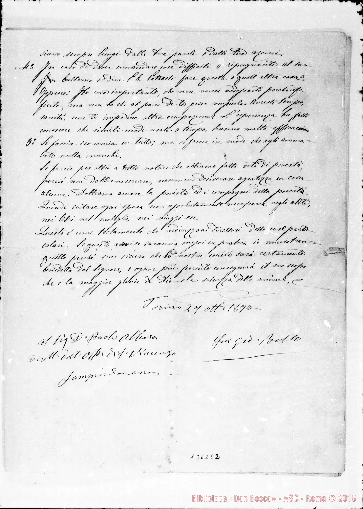 Fotogramma E 2 — Altra copia con dedica autografa A D. Paolo Albera. 27-10-1873