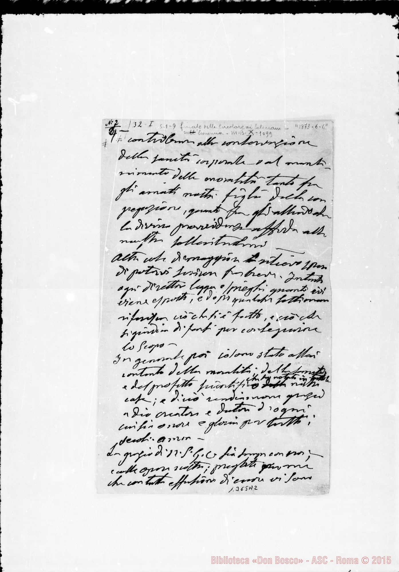 Fotogramma A 2 — 1873: «L’Esperienza, o figliuoli…» Minuta ms. autogr. Bosco