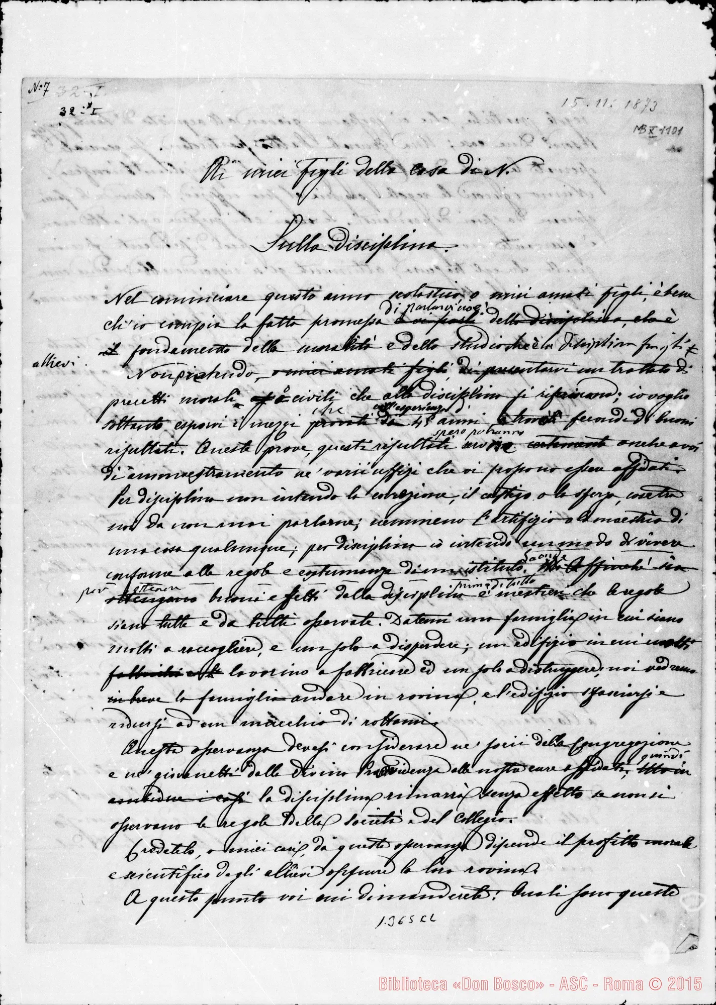 Fotogramma C 2 — 1873: «Nel cominciare quest’anno…» Ms. con correz. autogr. Bosco