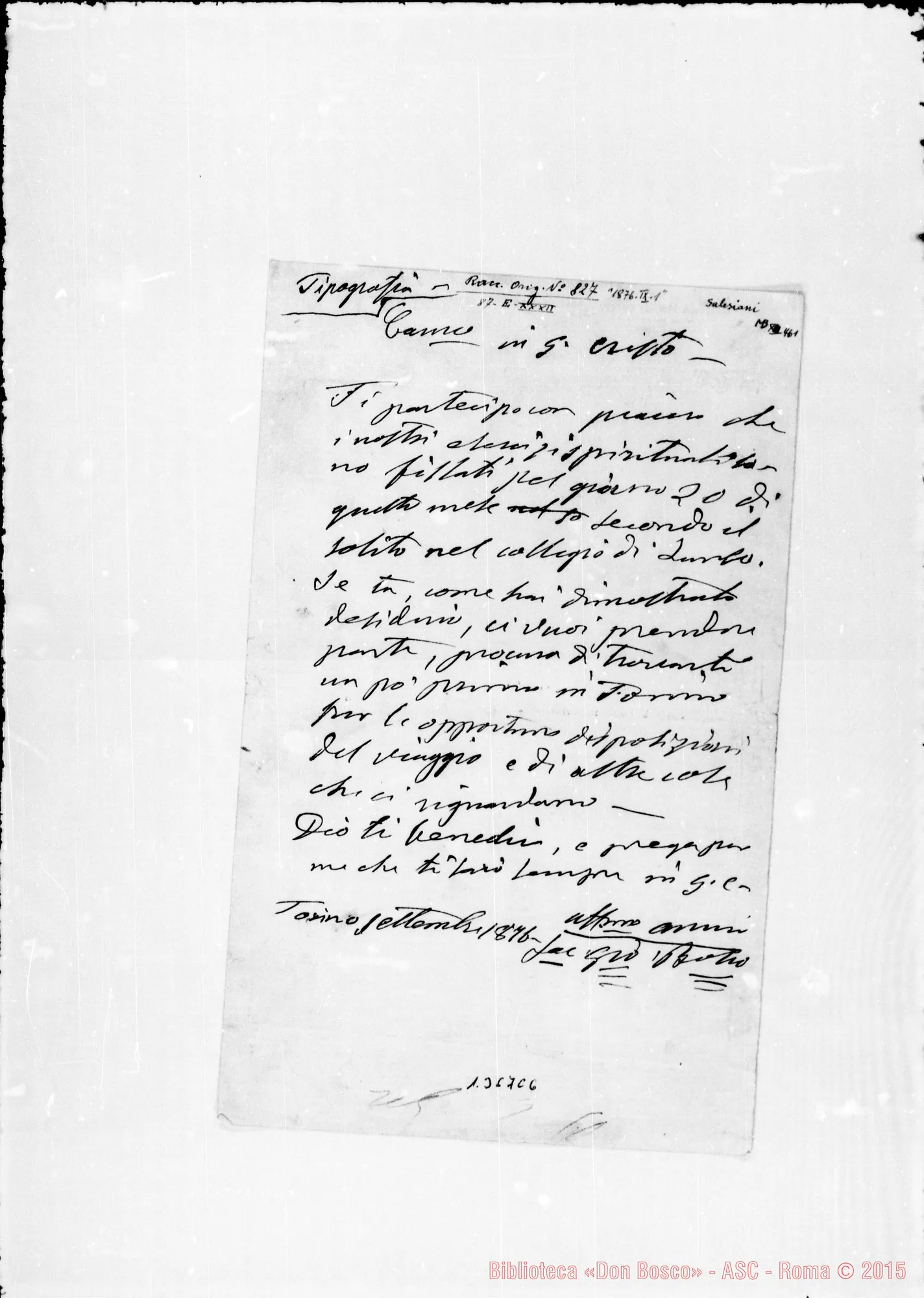 Fotogramma C 6 — 1876: «Ti partecipo…» Minuta ms. autogr. Bosco