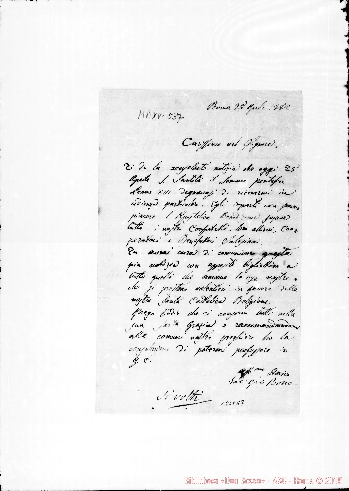 Fotogramma A 7 — 1882: «Ti do la consolante notizia…» Ms. con firma autogr. Bosco