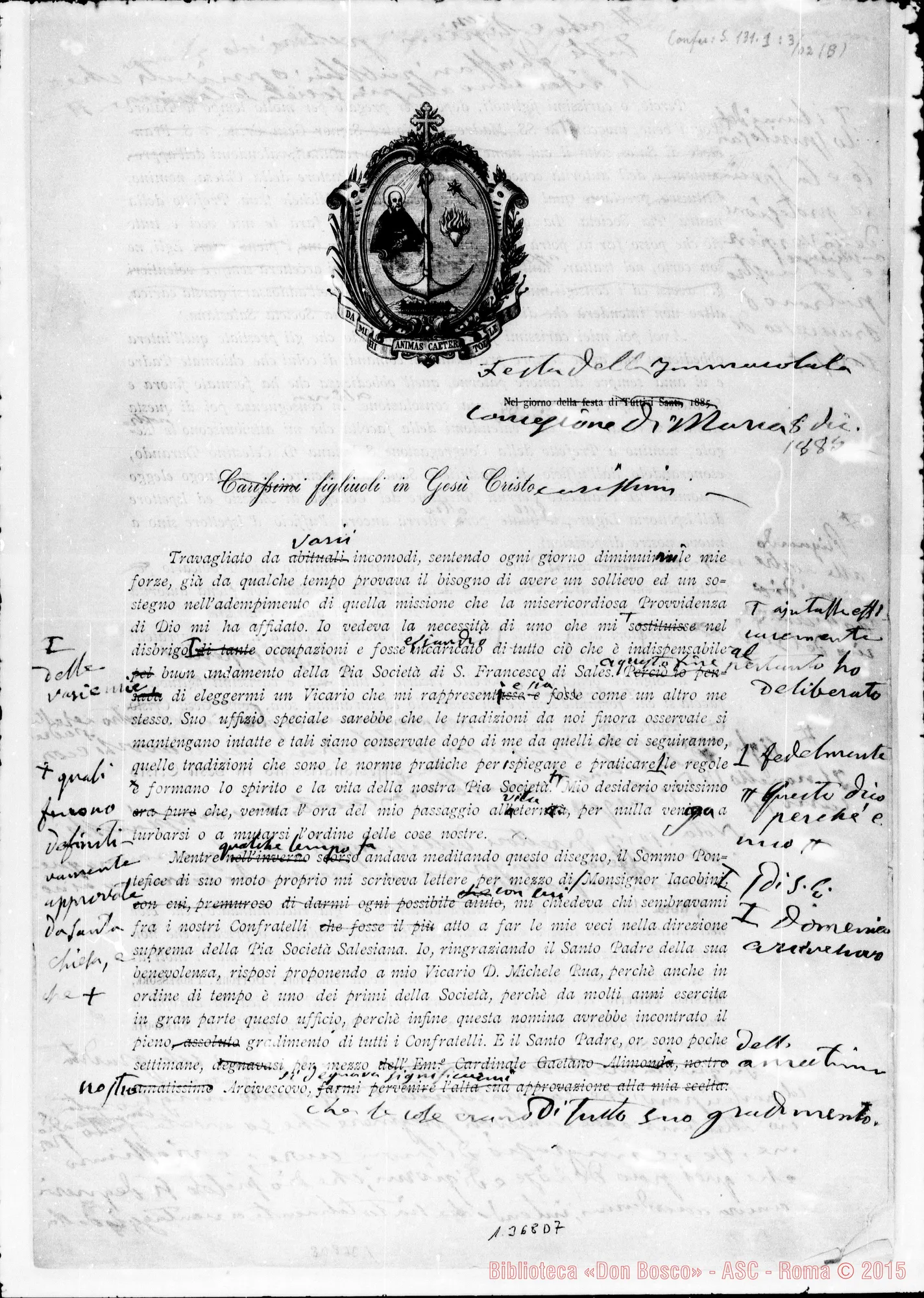 Fotogramma D 7 — 1885: «Travagliato da varii incomodi…» Stampato con correz. autogr. Bosco