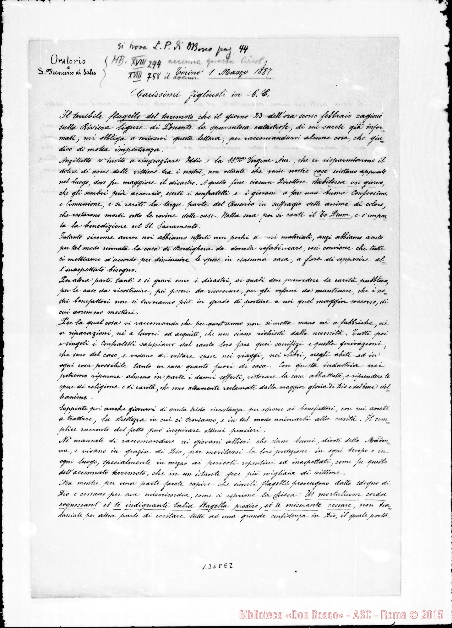 Fotogramma E 7 — 1887: «Il terribile flagello del terremoto…» Omeotipia con firma Bosco
