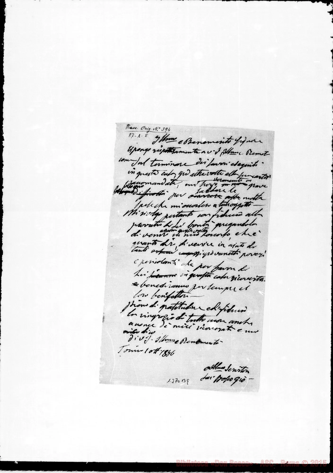 Fotogramma B 9 — 1856: Beneficenza. Ms. autogr. Bosco