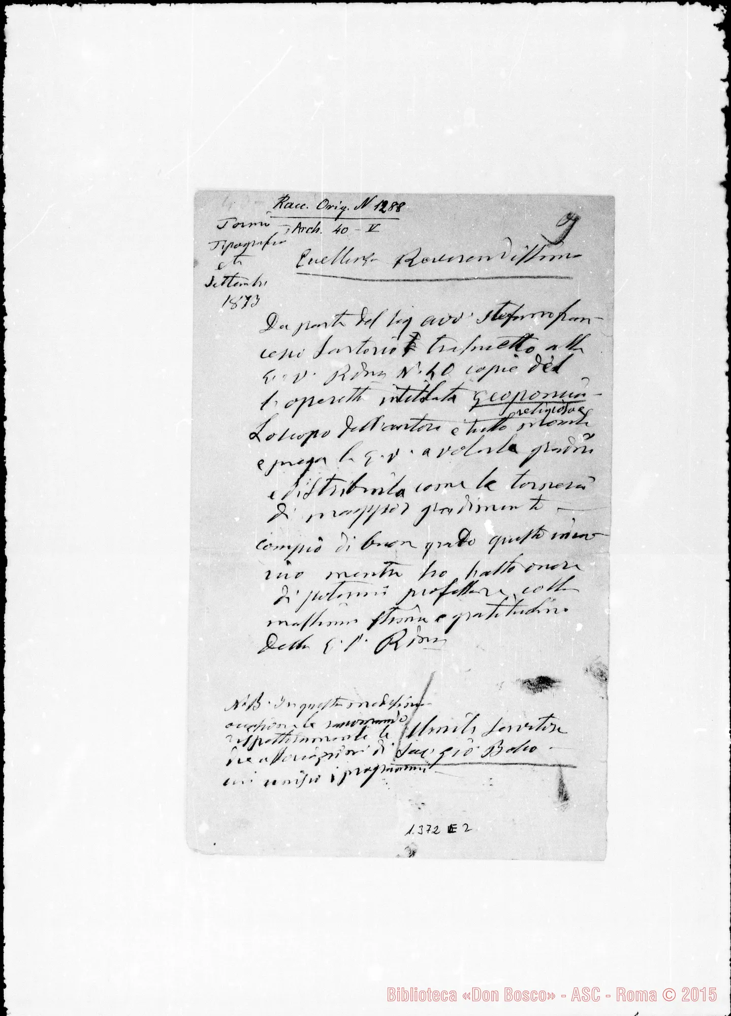 Fotogramma E 2 — Pubblicità: «Da parte del sig. avv.» Ms. autogr. Bosco