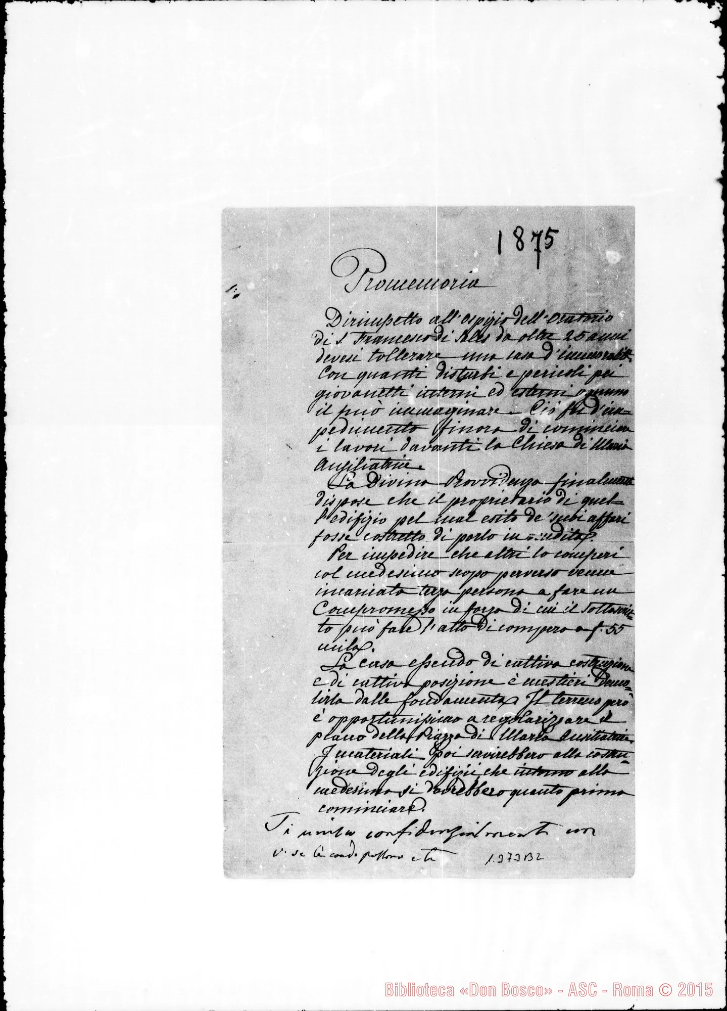 Fotogramma B 2 — Figlie di M.A.: «Promemoria. Dirimpetto…» Autogr. Bosco. Ms.