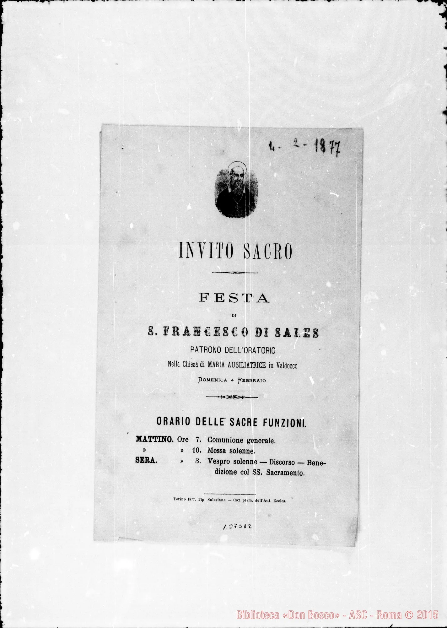Fotogramma D 2 — 1877: Festa S.F. di Sales: Invito Sacro. Stampato