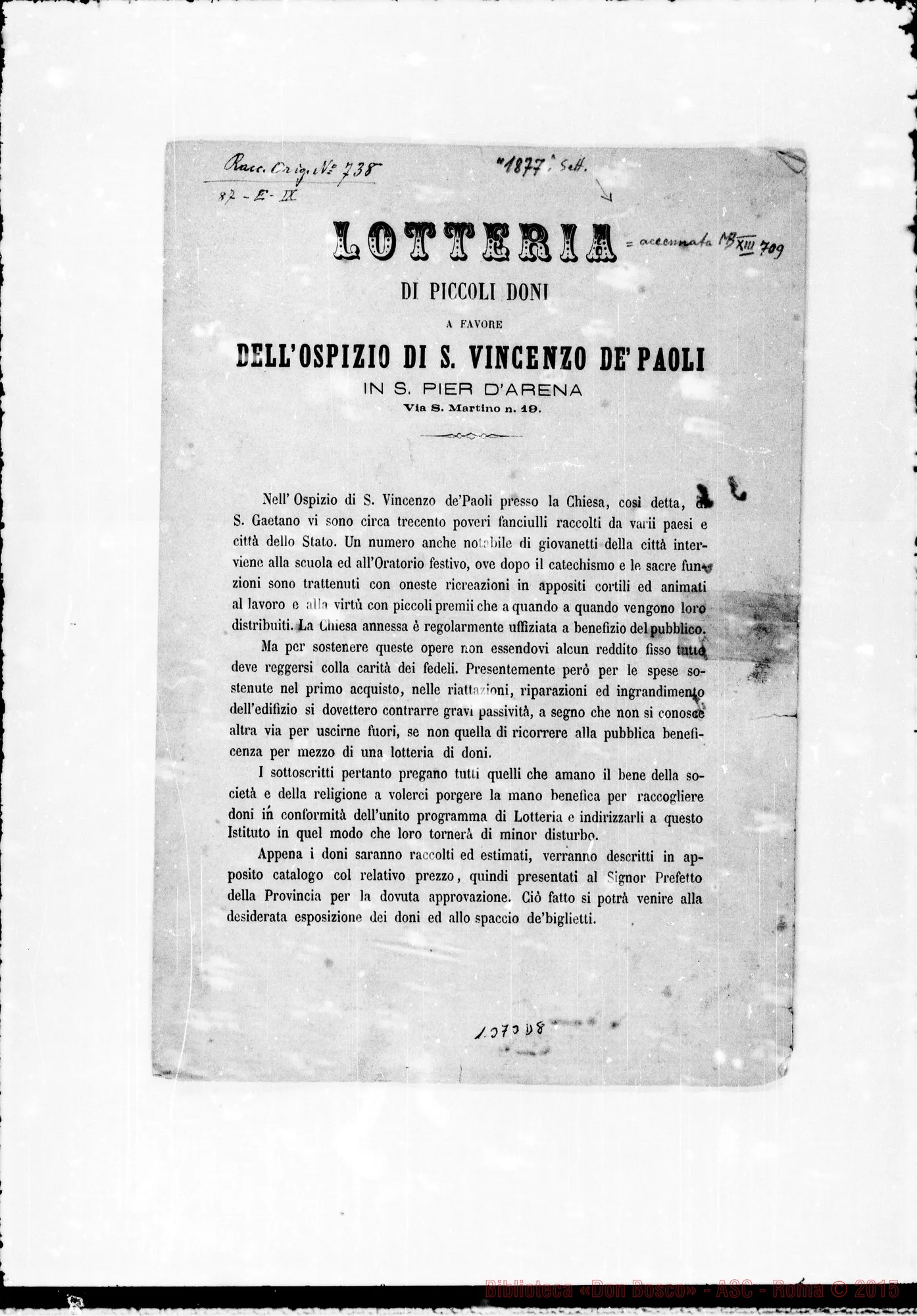Fotogramma D 8 — Lotteria: Per l’ospizio San Pierdarena. Stampato E autogr. Bosco
