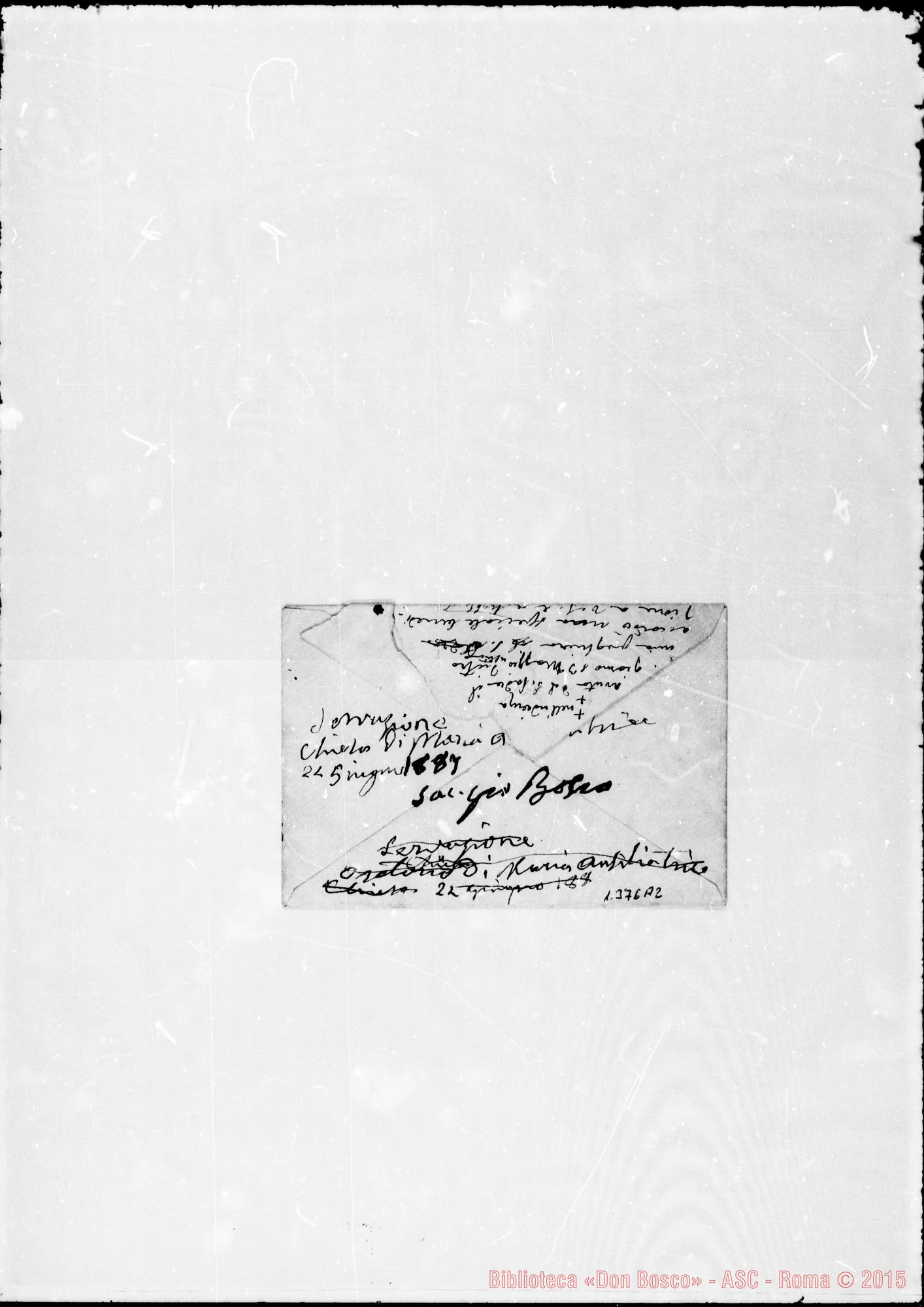 Fotogramma A 2 — 1887: Festa all’Oratorio: «Ho la consolazione…» Ms. autogr. Bosco sopra busta