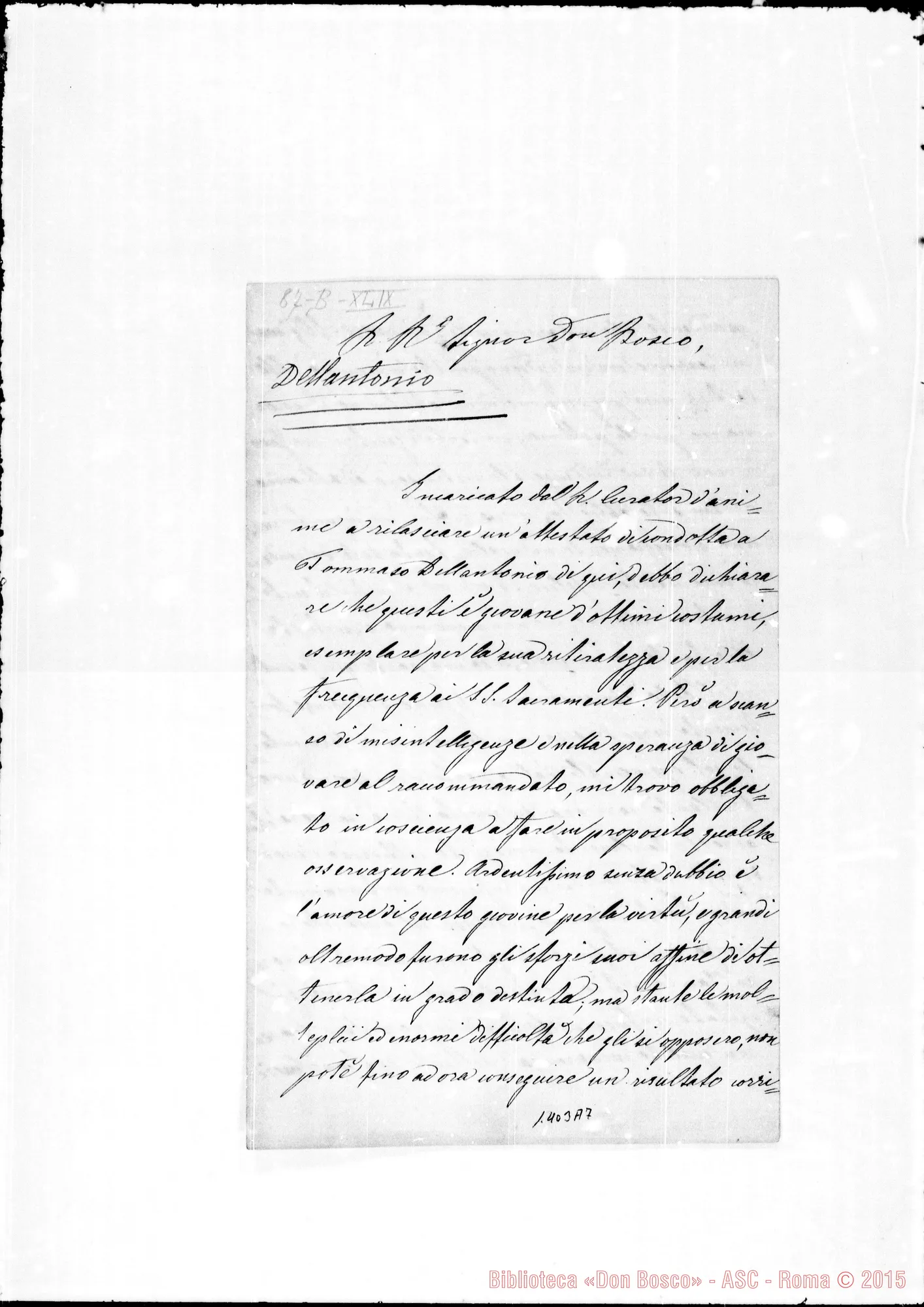 Fotogramma A 7 — Dell’Antonio Tommaso. Acclusa lettera commendatizia del sac. Ongari