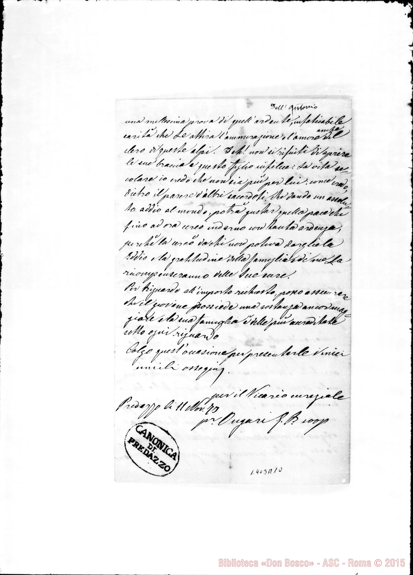 Fotogramma A 10 — Dell’Antonio Tommaso. Acclusa lettera commendatizia del sac. Ongari