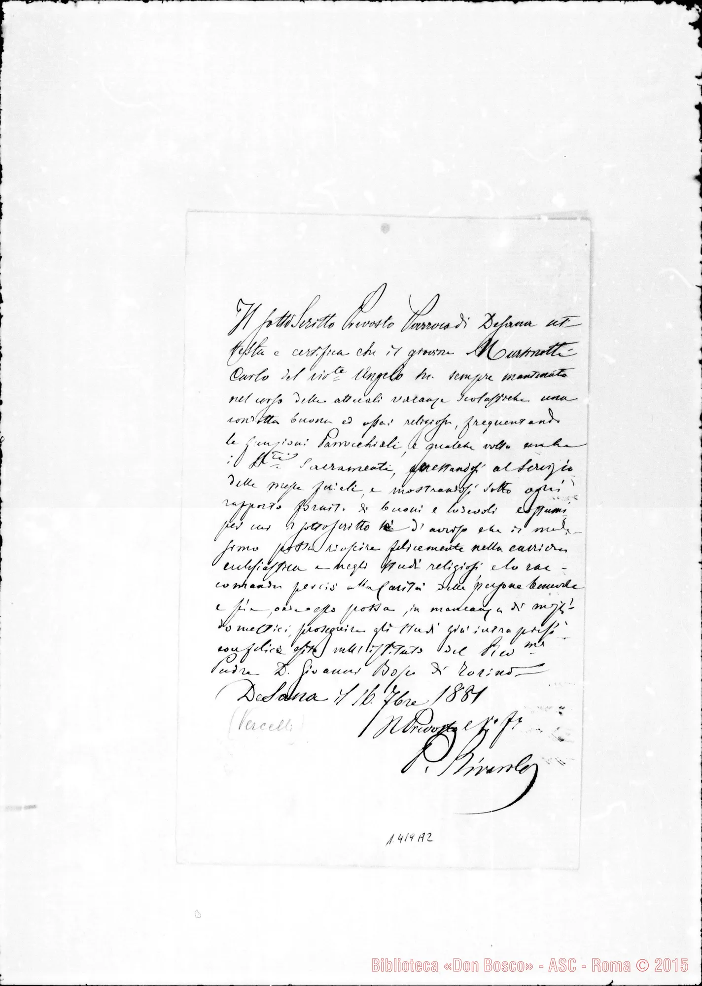 Fotogramma A 2 — Martinotti Carlo. Allegata lettera del Prevosto Rivarolo