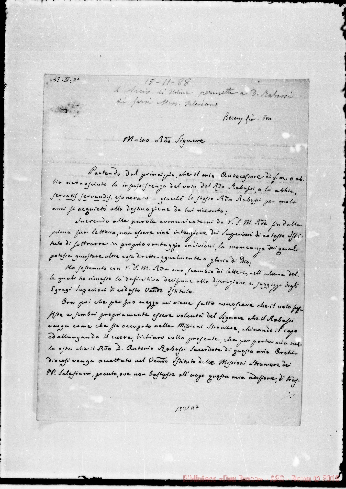 Fotogramma A 7 — Rabassi Antonio, sac.: Mons. Giovanni Maria Berengo-Molto Rev.do Signore