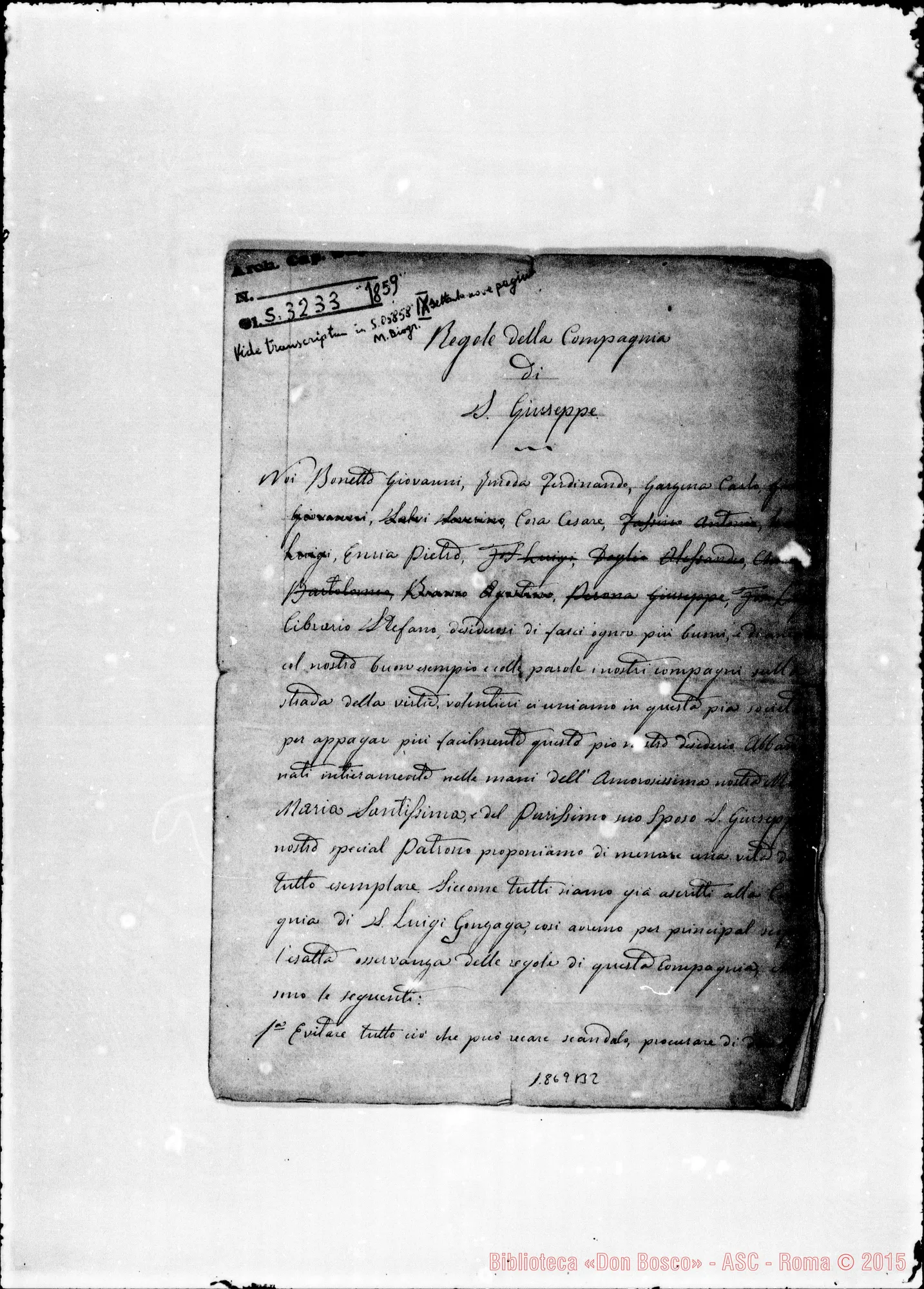 Fotogramma B 2 — Regole della Compagnia di S. Giuseppe. Copia ms.