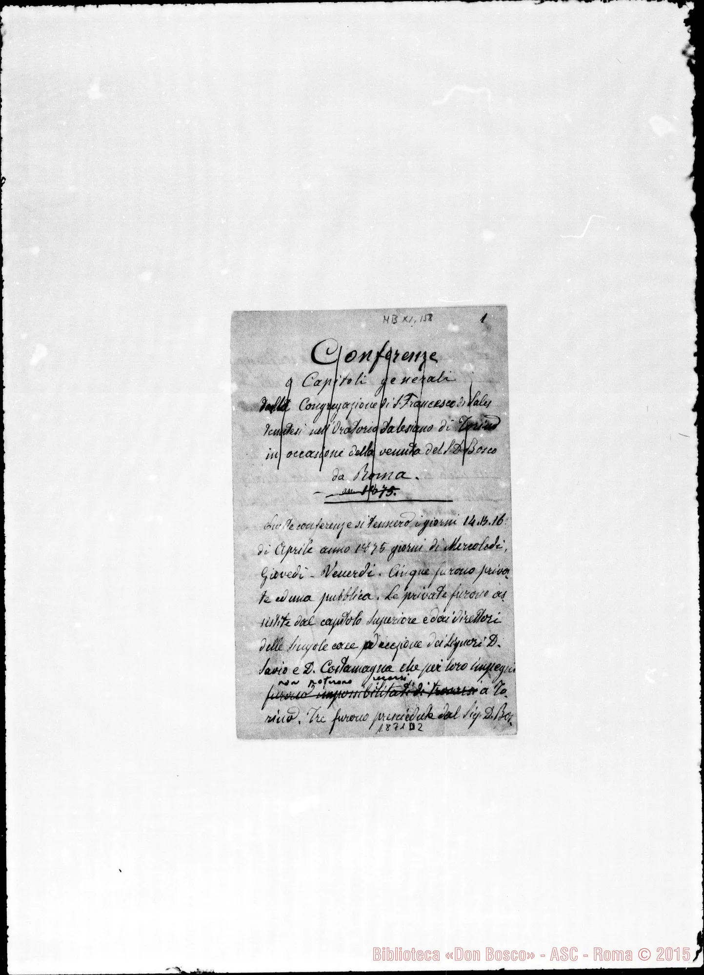 Fotogramma D 2 — 1875: Cinque conferenze private nei giorni 14-15-16 aprile. Ms. Barberis