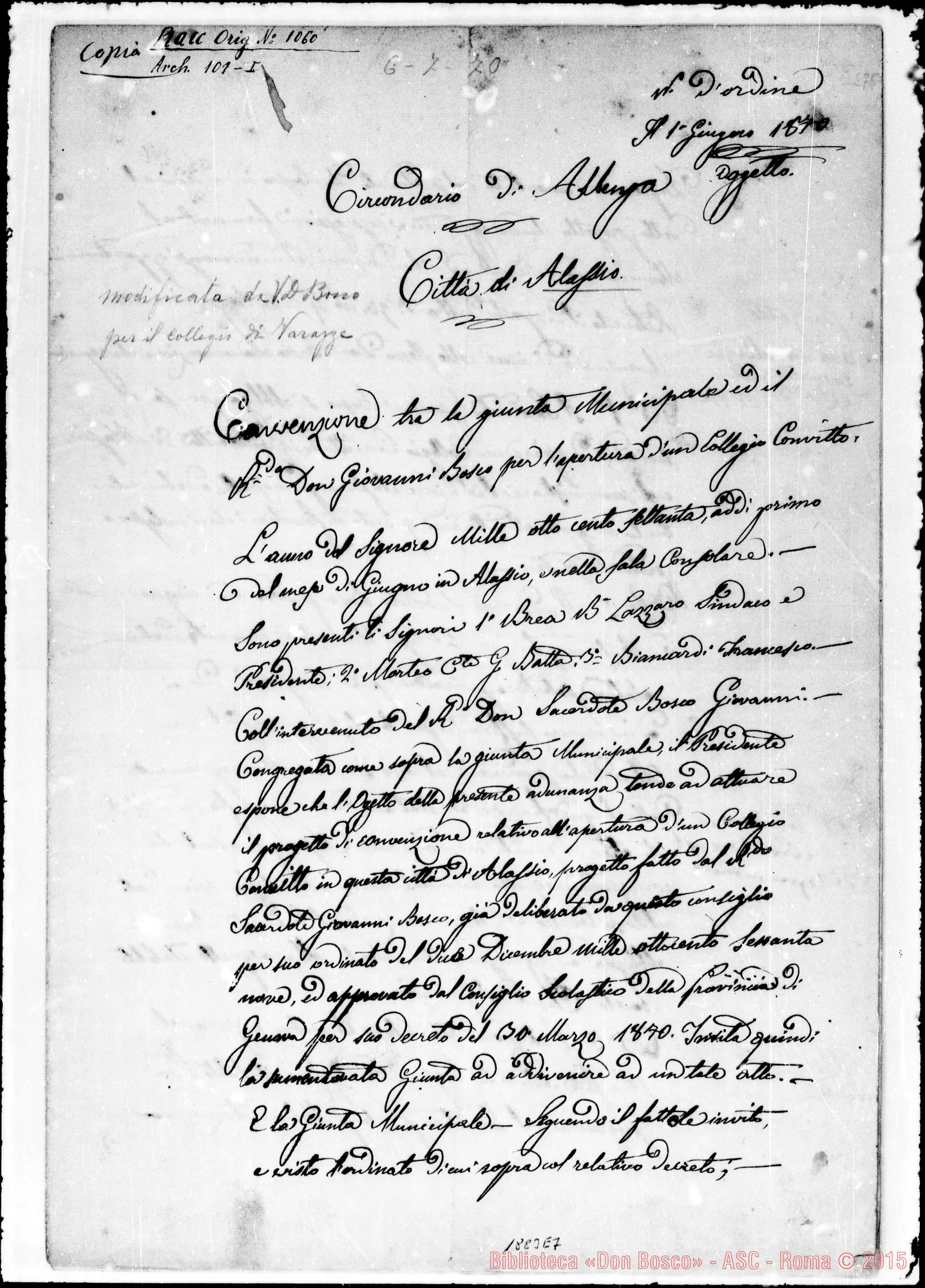 Fotogramma E 7 — Convenzione tra la Giunta Municipale E Bosco. In questo documento modifiche autografe di D. Bosco per il Collegio di Varazze