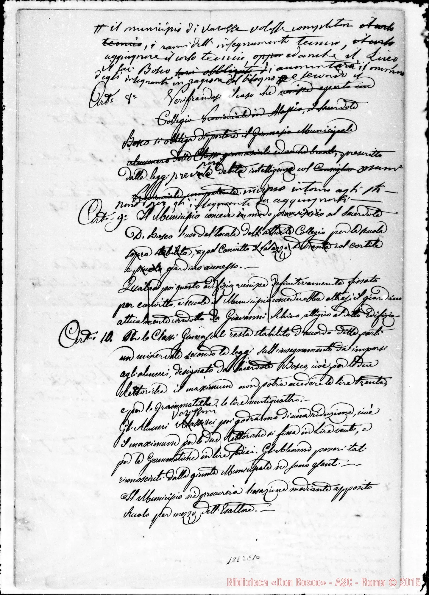 Fotogramma E 10 — Convenzione tra la Giunta Municipale E Bosco. In questo documento modifiche autografe di D. Bosco per il Collegio di Varazze