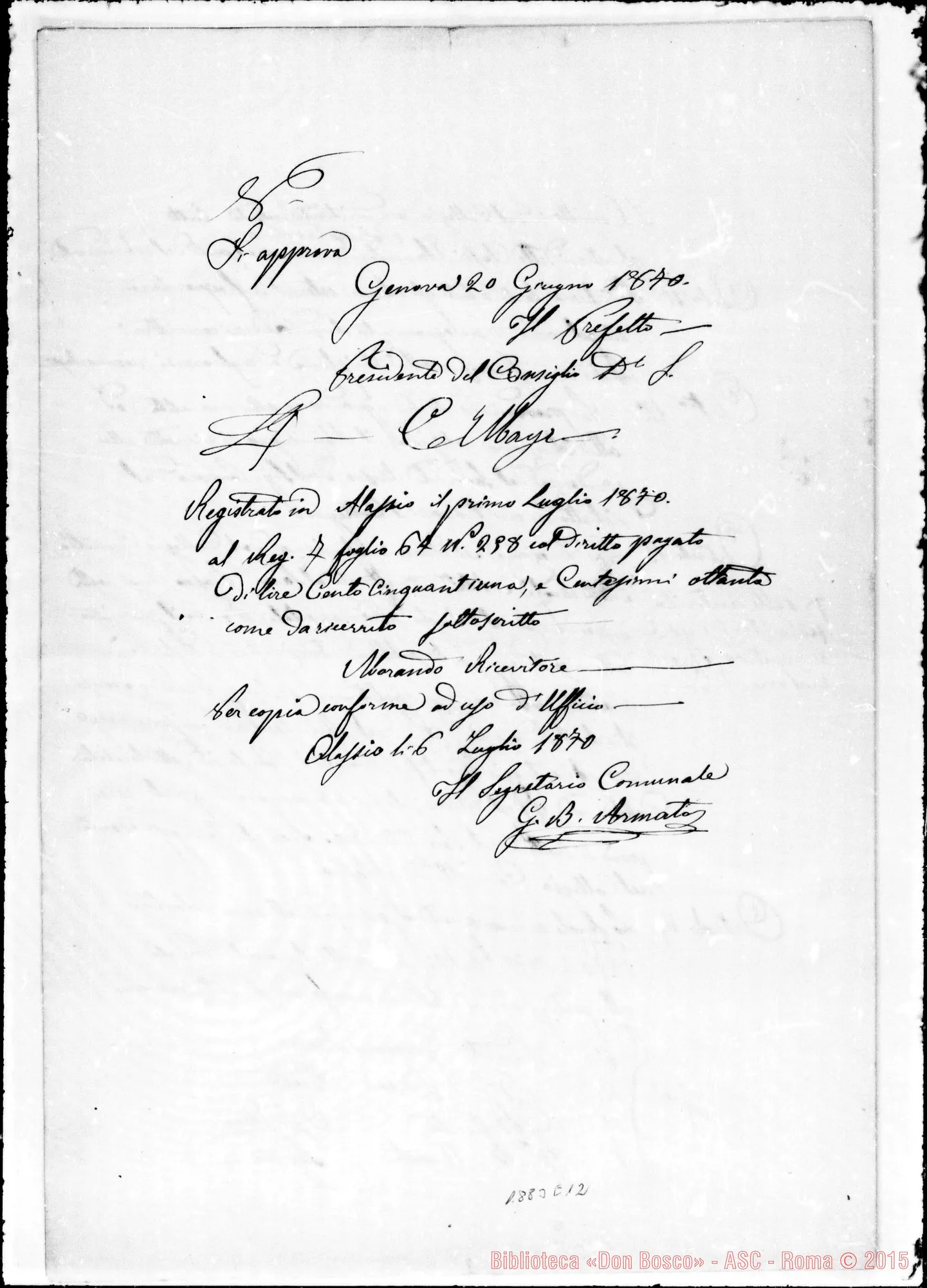 Fotogramma E 12 — Convenzione tra la Giunta Municipale E Bosco. In questo documento modifiche autografe di D. Bosco per il Collegio di Varazze
