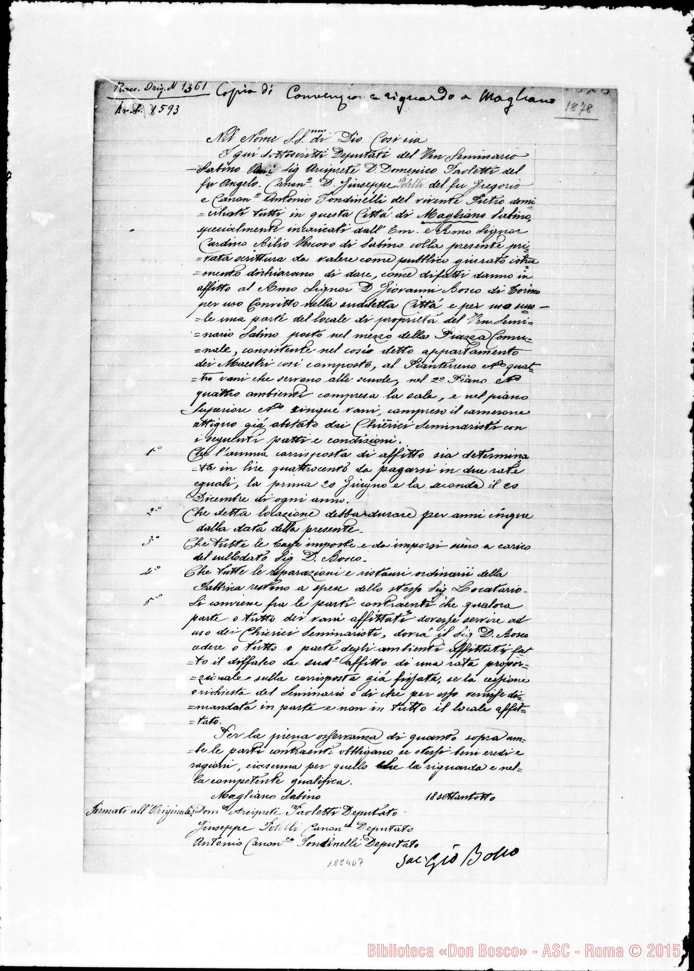 Fotogramma D 7 — Magliano Sabino: Convenzione ms. Firma autogr. Bosco