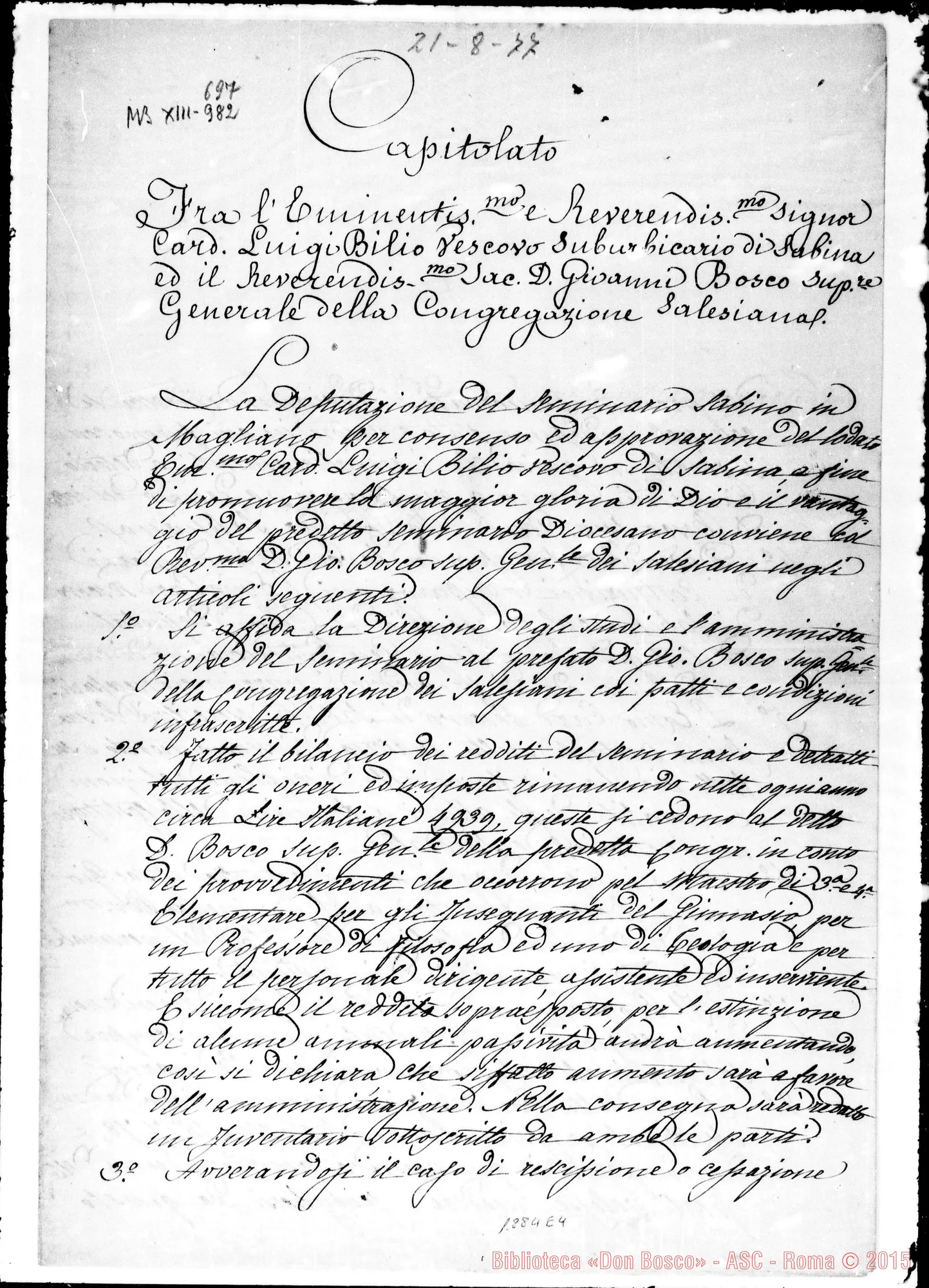 Fotogramma E 4 — Capitolato tra Card. Bilio E Don Bosco. Copia. Firma autogr. Bosco