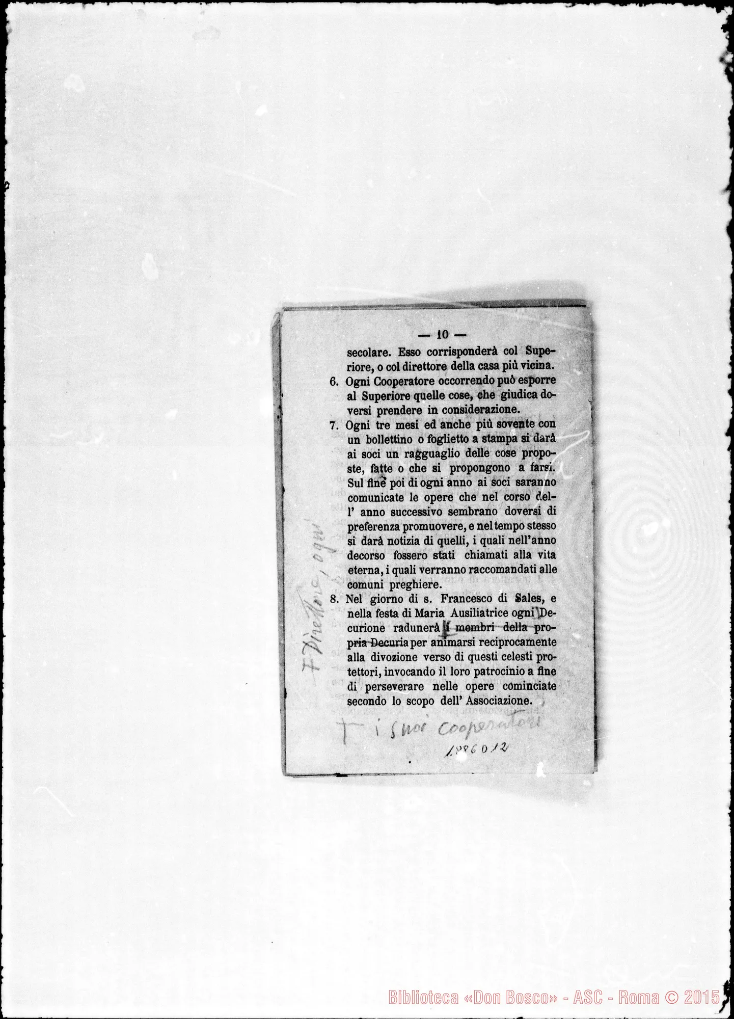 Fotogramma D 12 — Regolamento dei cooperatori Sales. Stampato con correz. e aggiunte autogr. Bosco