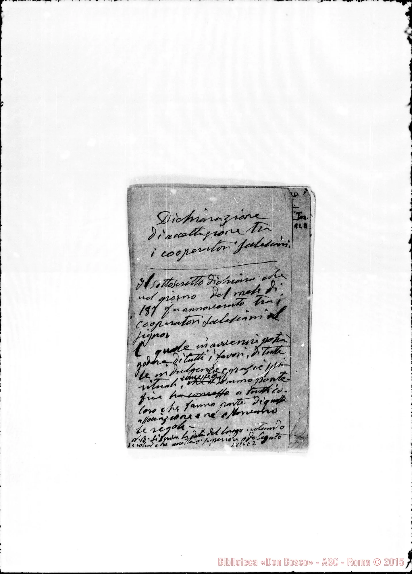 Fotogramma E 7 — Regolamento dei cooperatori Sales. Stampato con correz. e aggiunte autogr. Bosco