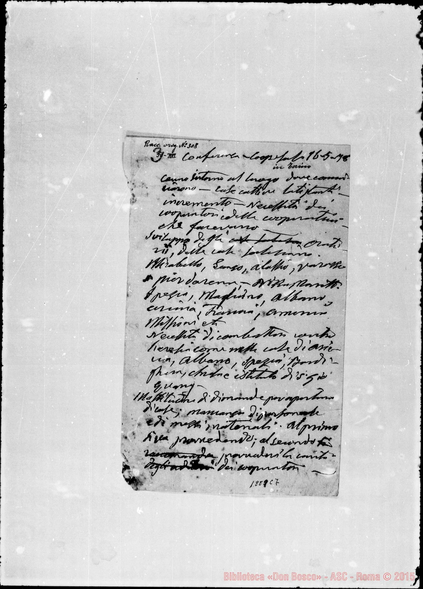 Fotogramma C 7 — Traccia di conferenza ai Coop. A Torino, 16-5-1878. Ms. autogr. Bosco