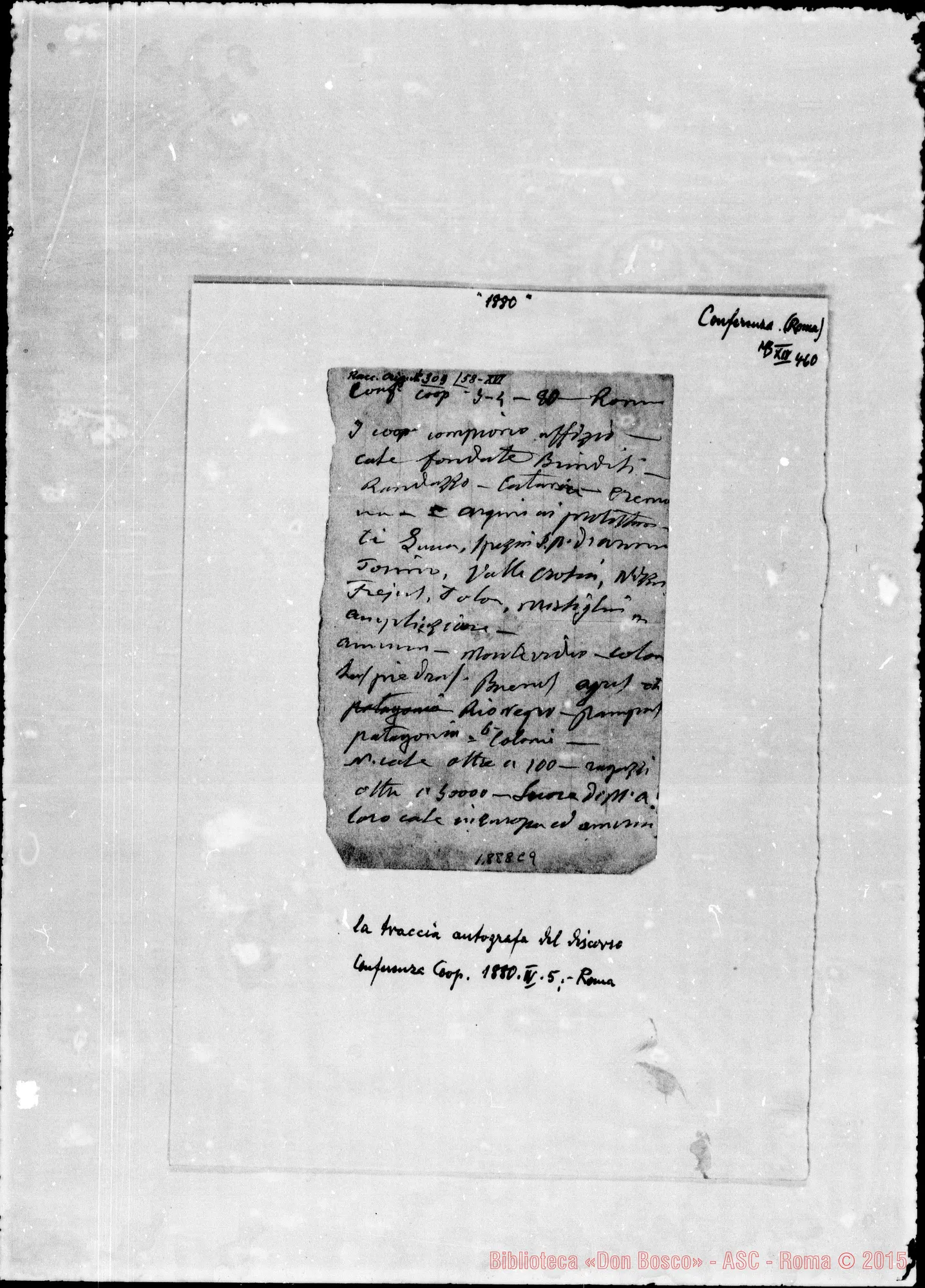 Fotogramma C 9 — Traccia di conferenza ai Coop. A Roma, 5-4-1880. Ms. autogr. Bosco