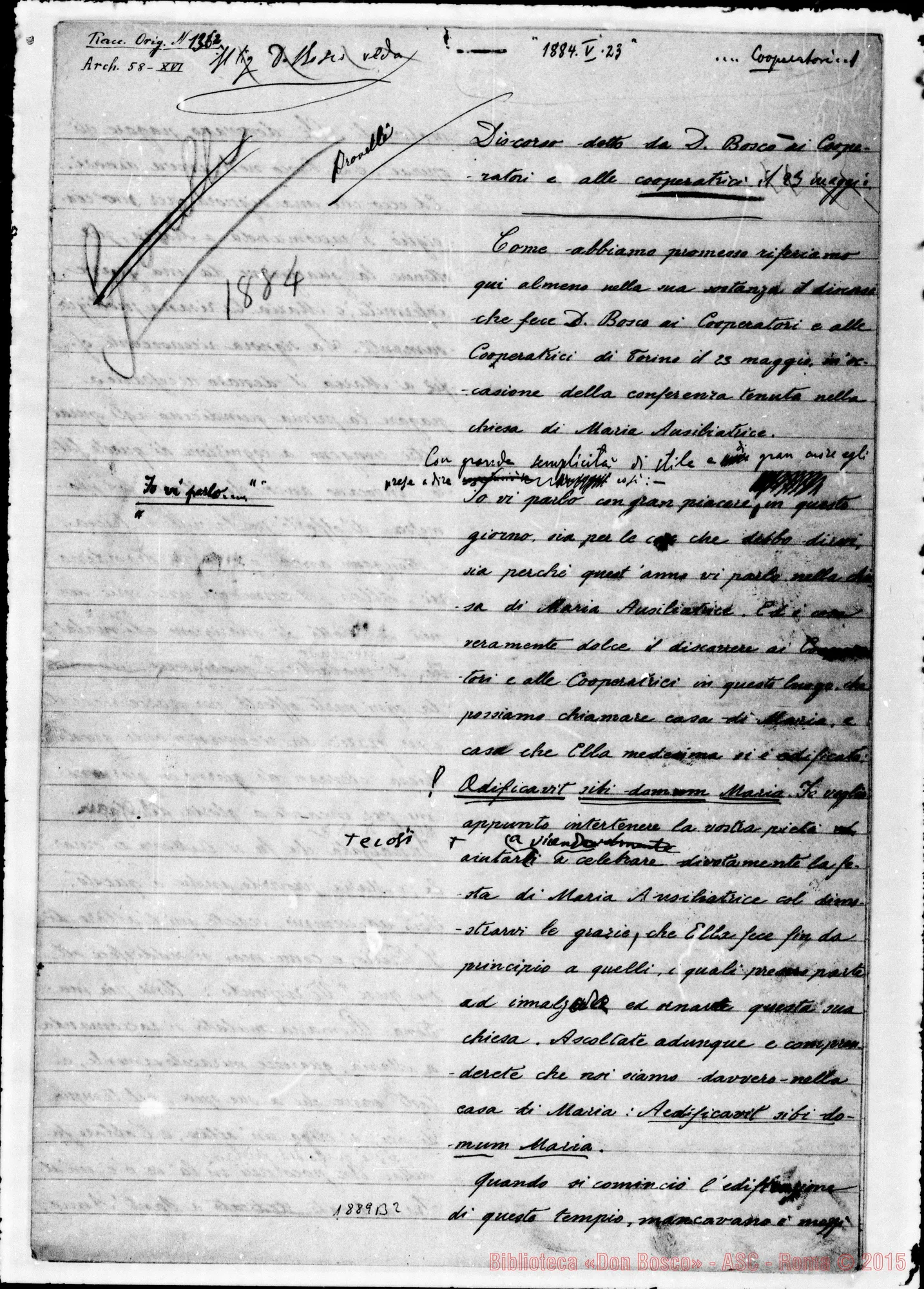 Fotogramma B 2 — Discorso ai coop., 23-5-1884. Ms. d’altro con correz. autogr. Bosco