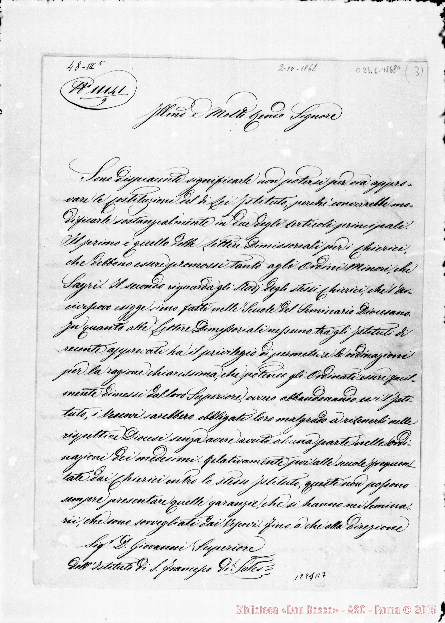 Fotogramma A 7 — Mons. Svegliati-Bosco: «Sono dispiacente…» (ottobre 1868)