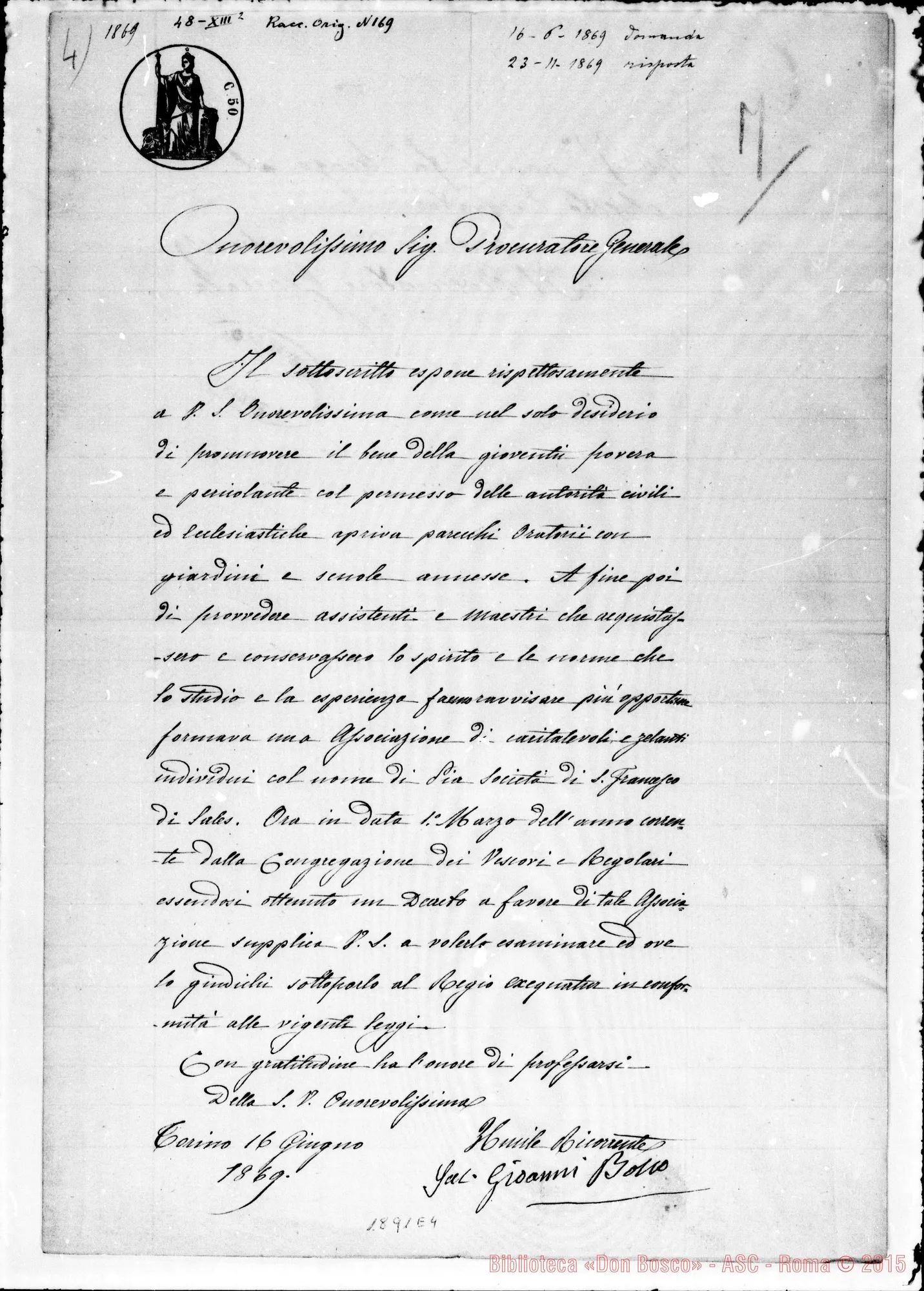 Fotogramma E 4 — Supplica di D. Bosco per ottenere l’exequatur al Decreto. Documento originale con firma autogr. Bosco