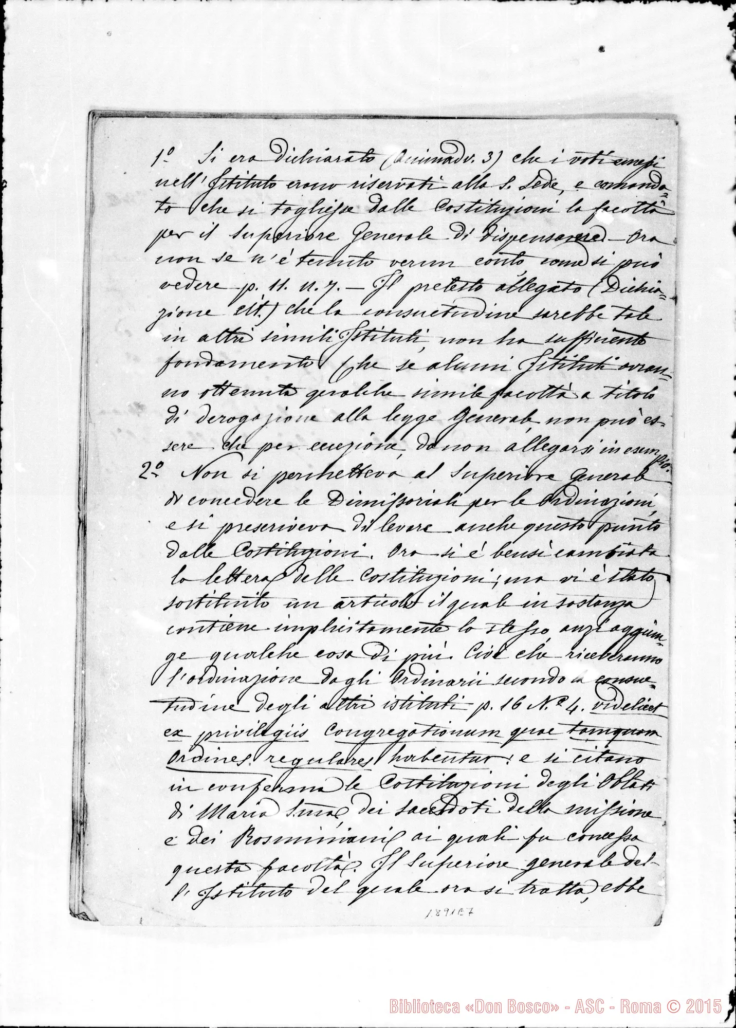 Fotogramma E 7 — Voto del Consultore, P. Bianchi, Domenicano. Copia ms. C’è un autogr. Bosco